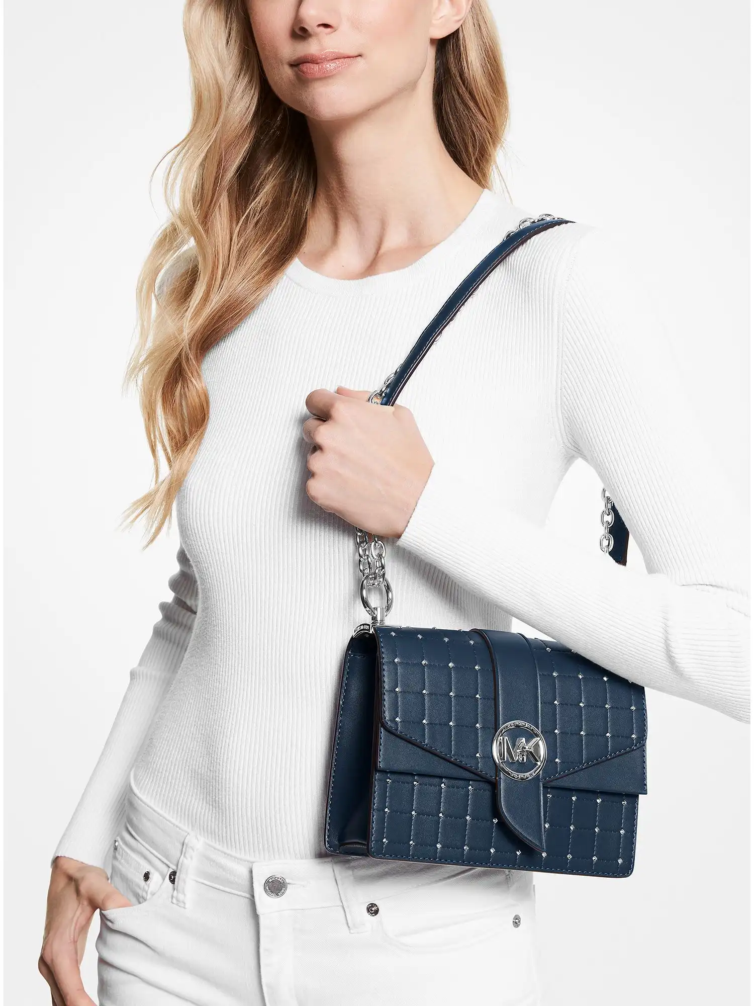 greenwich small studded quilted faux leather crossbody bag navy