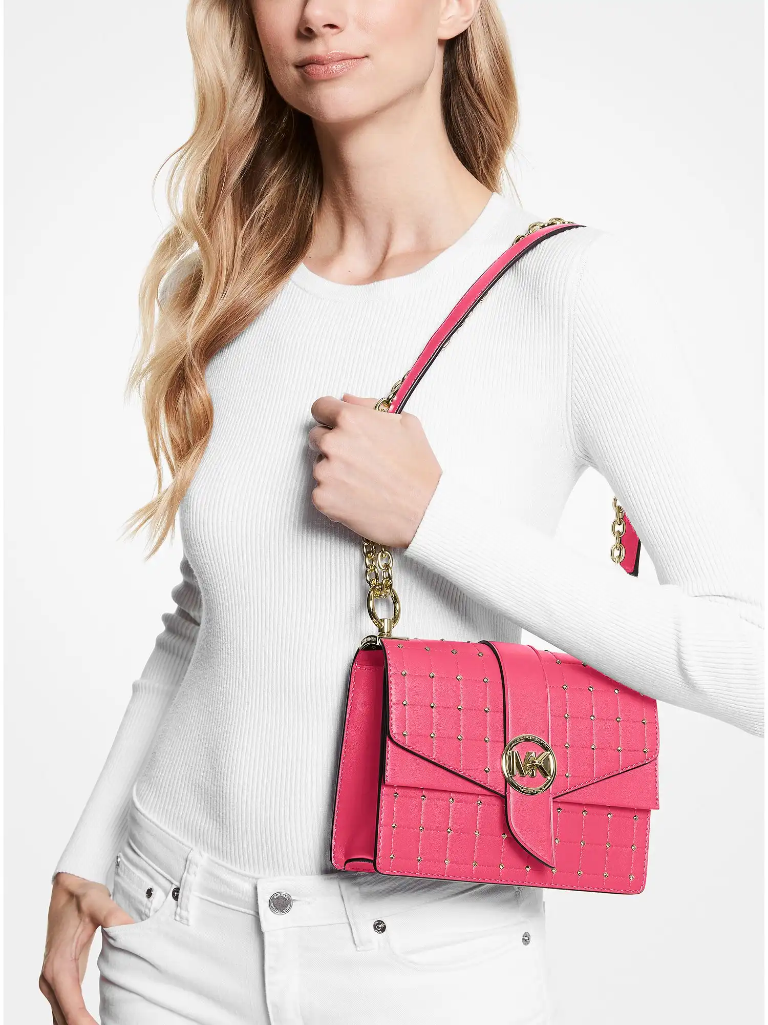 greenwich small studded quilted faux leather crossbody bag rubin red