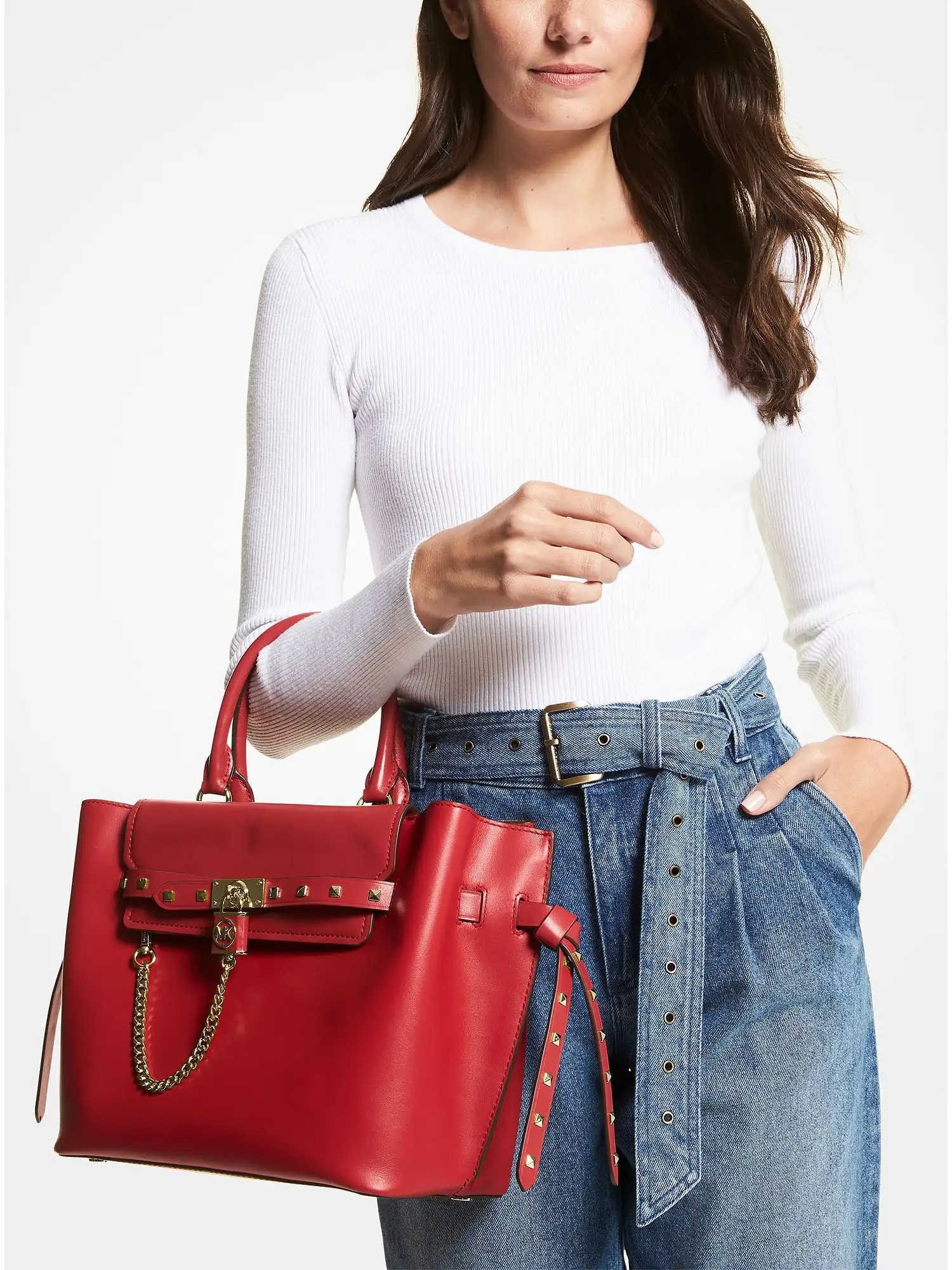 hamilton legacy large studded leather belted satchel crimson