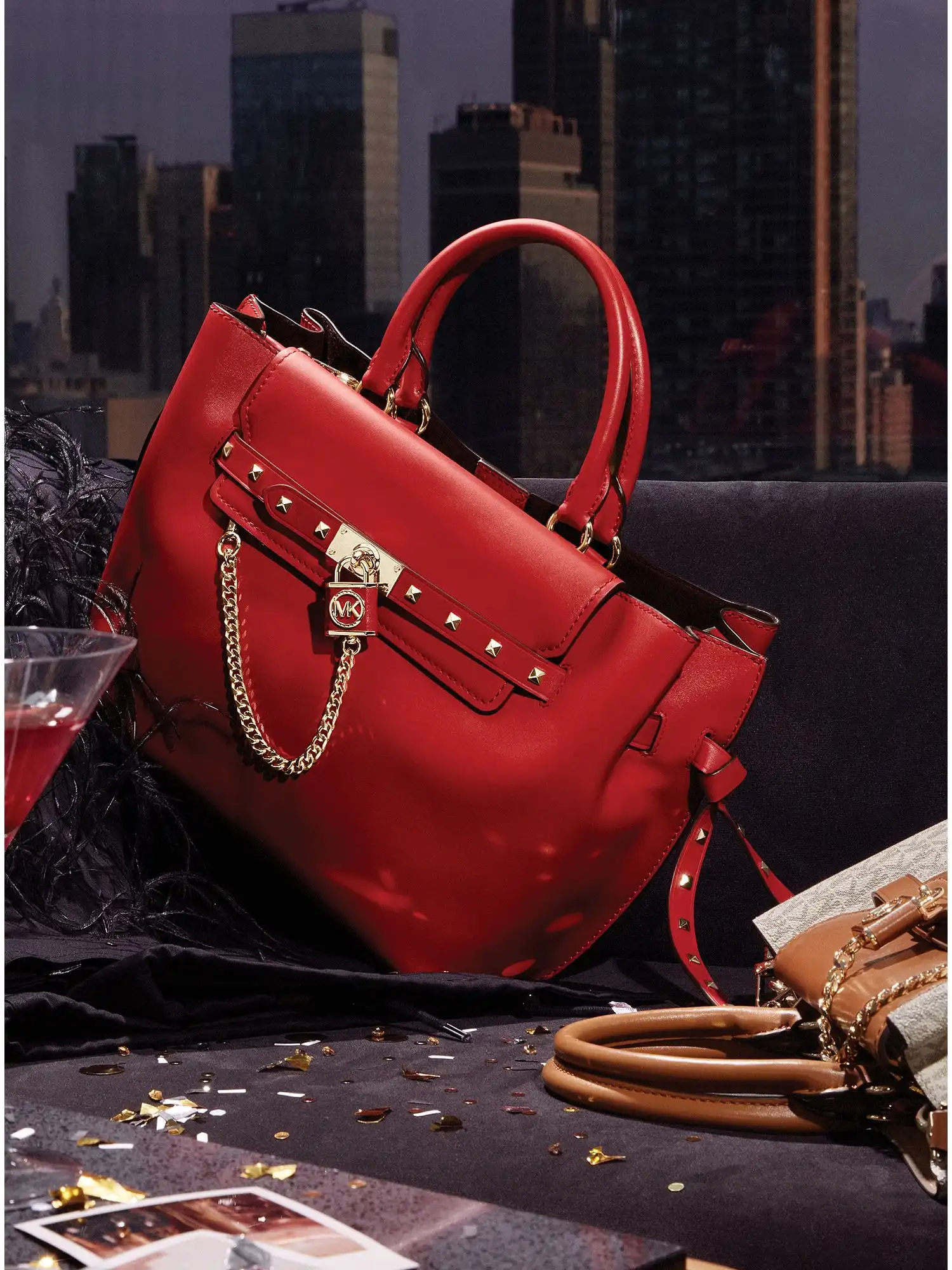hamilton legacy large studded leather belted satchel crimson