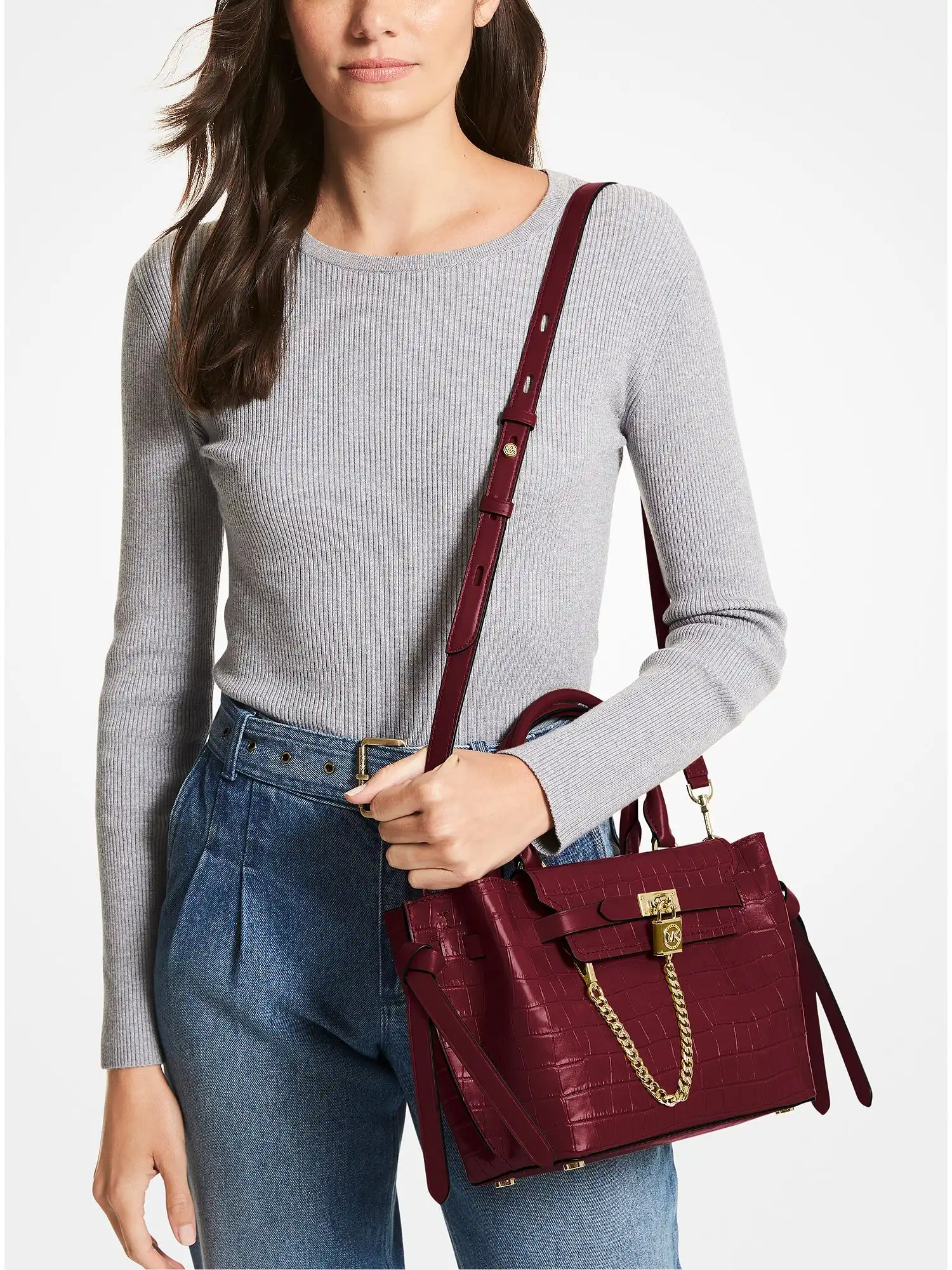 hamilton legacy small crocodile embossed leather belted satchel dk berry