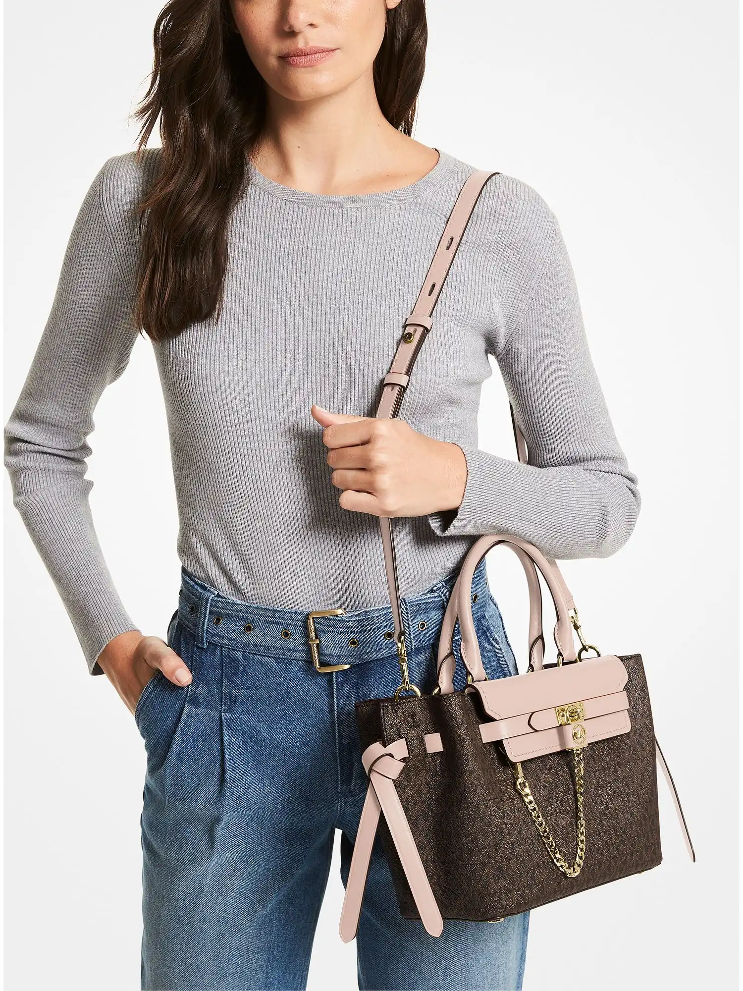 hamilton legacy small logo belted satchel brn sftpink