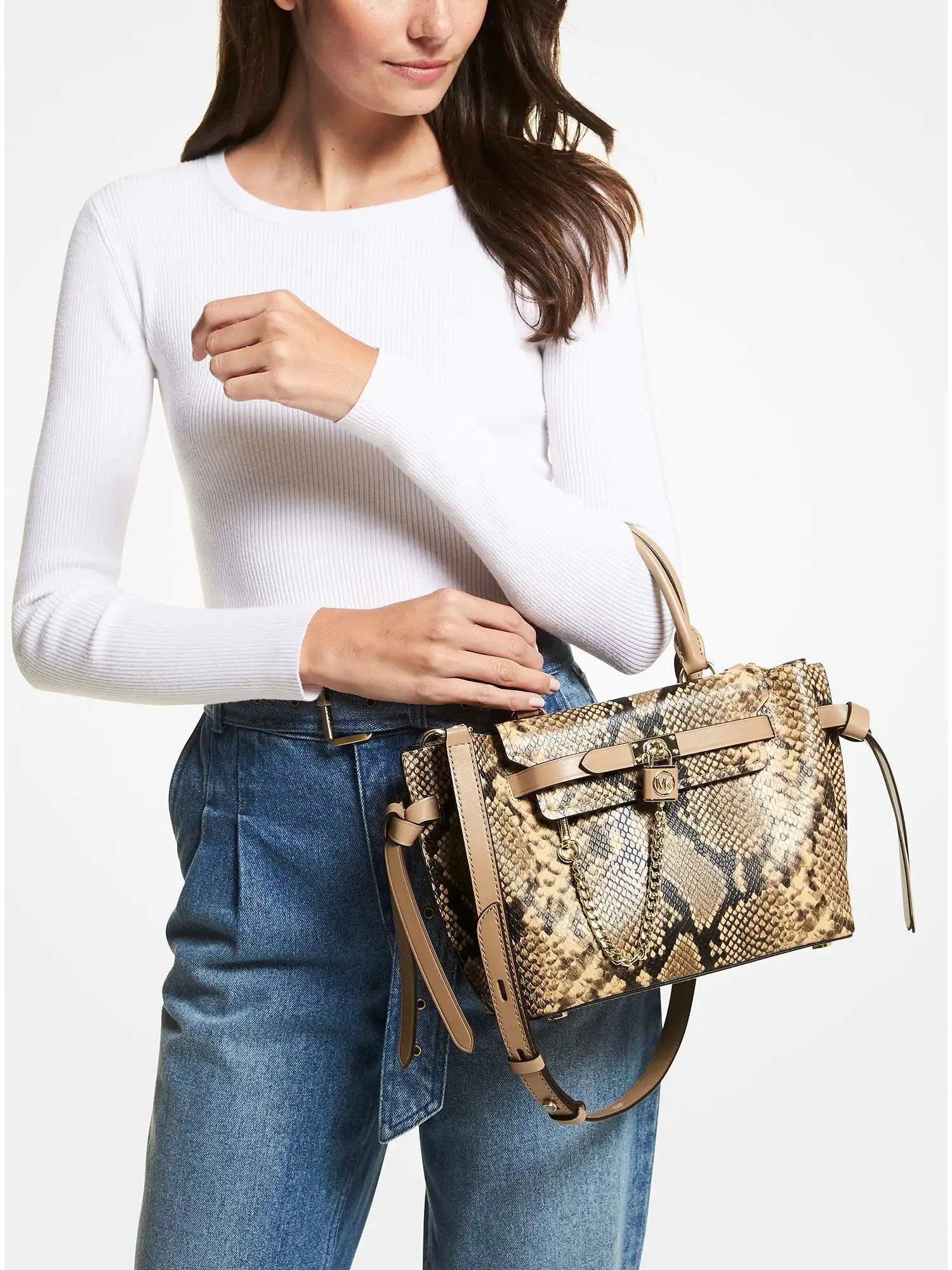 hamilton legacy small snake embossed leather belted satchel camel