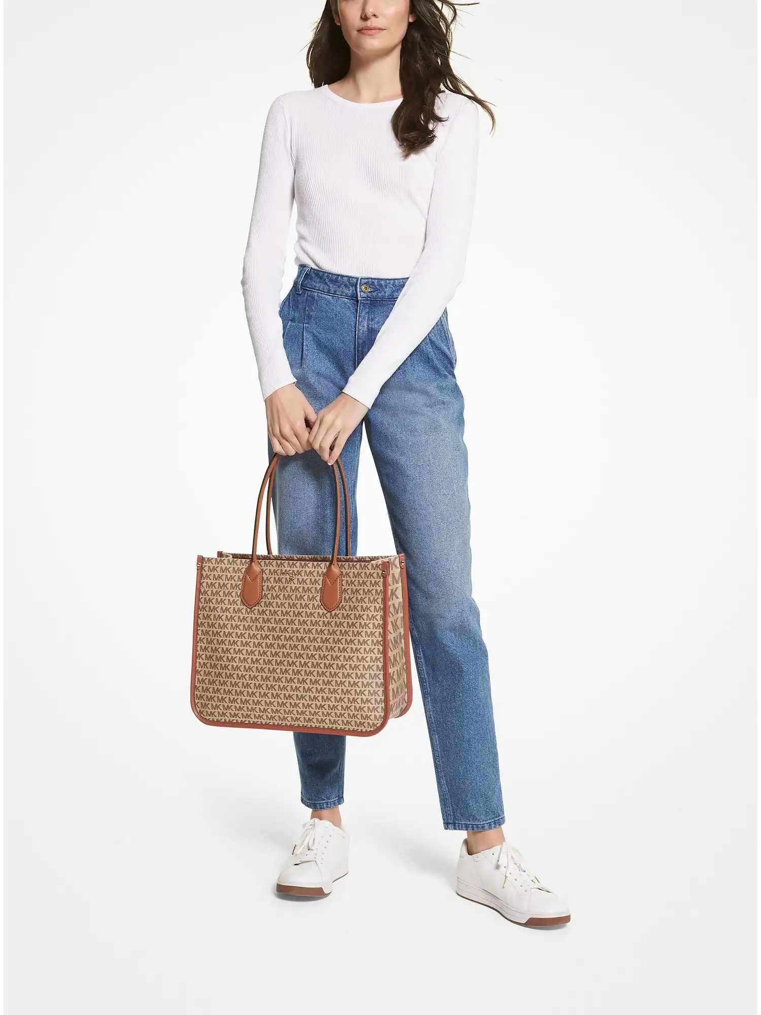 heidi large logo jacquard tote bag beige ebony brown