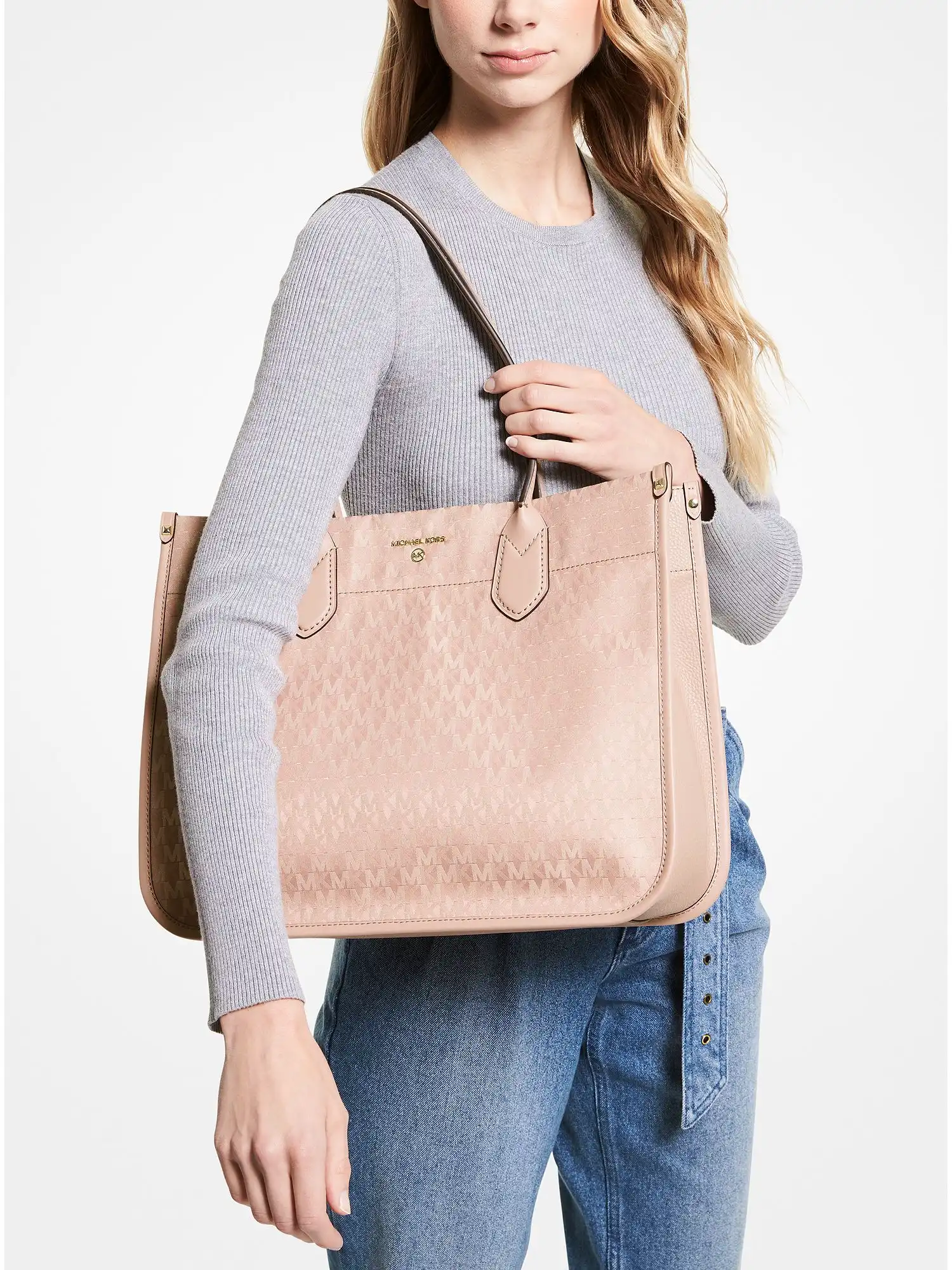 heidi large logo jacquard tote bag fawn