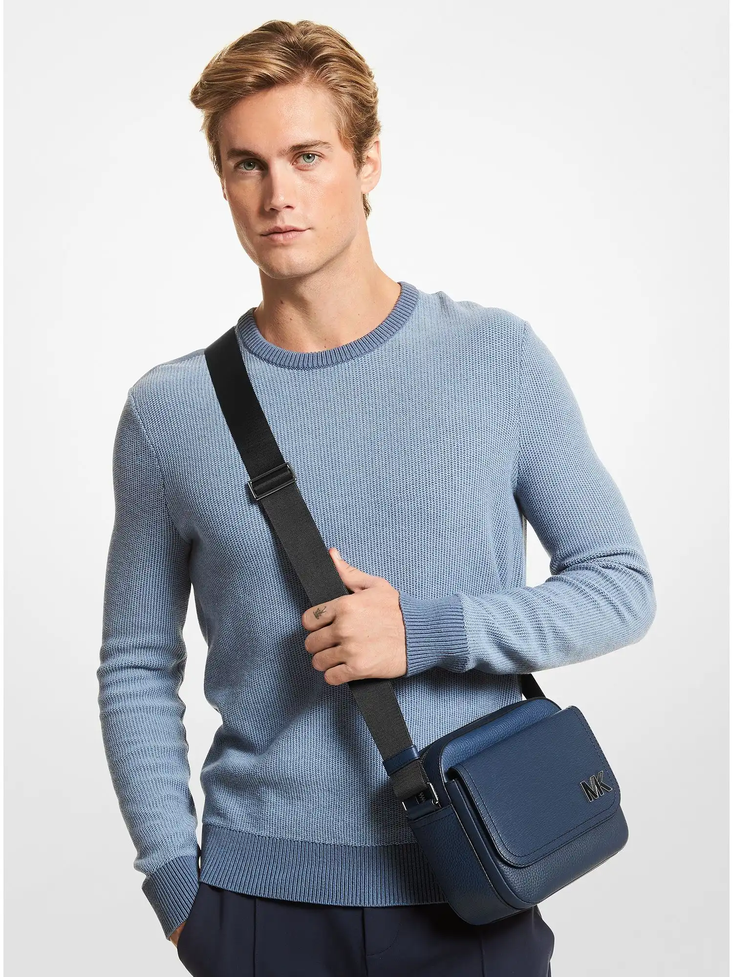 hudson color blocked leather messenger bag navy