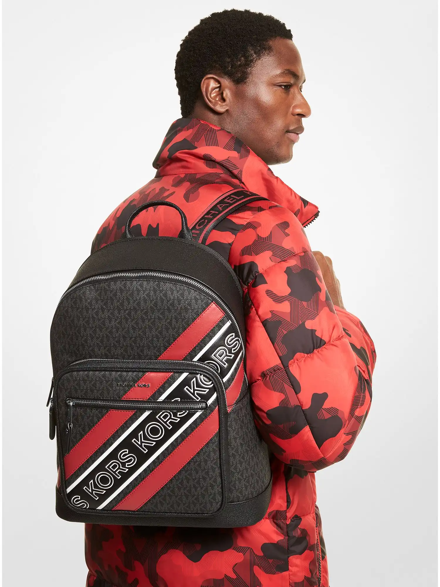 hudson logo embossed stripe backpack black crimson