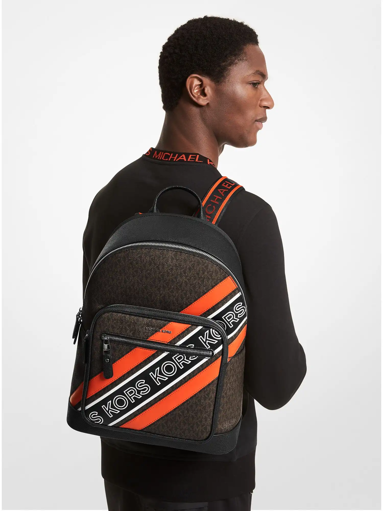 hudson logo embossed stripe backpack brown opt orange