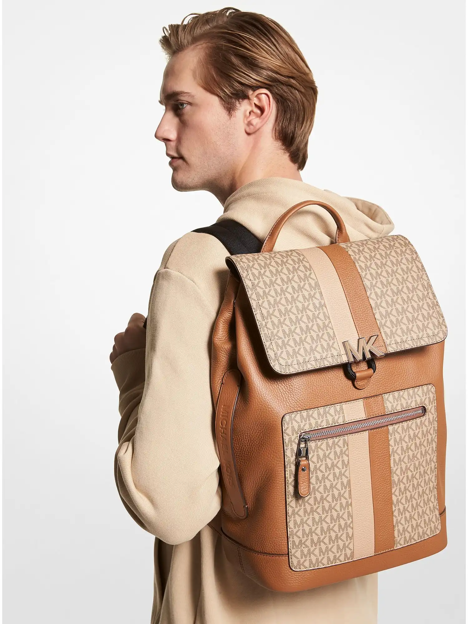hudson logo stripe and leather backpack camel combo
