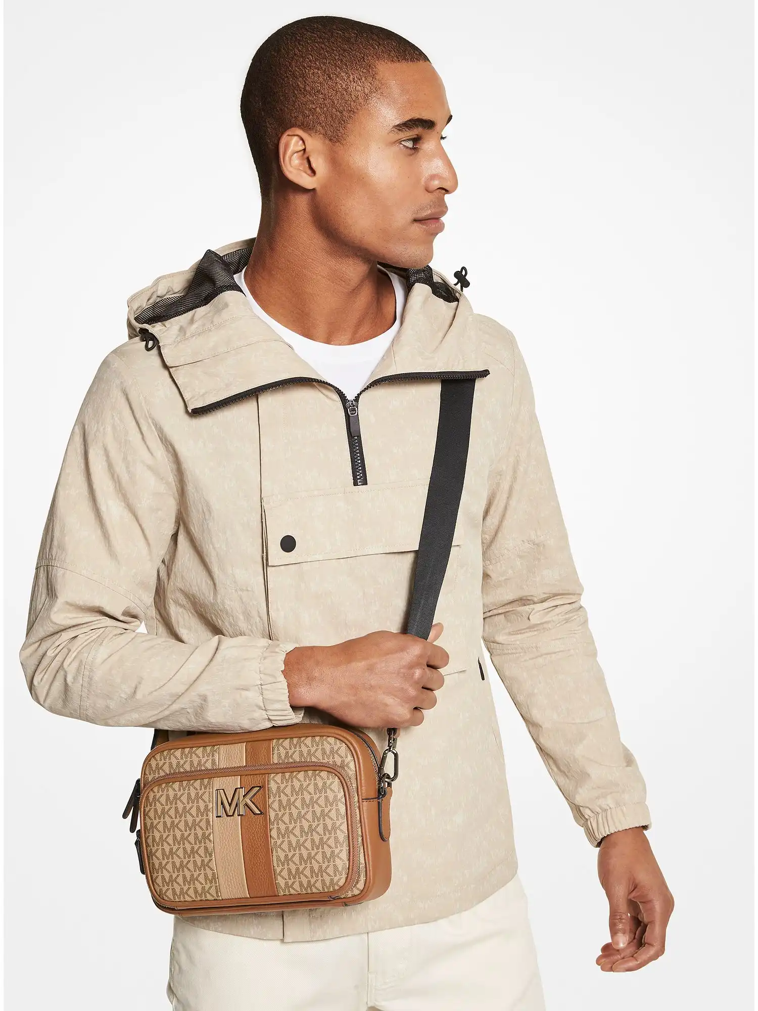 hudson logo stripe and leather crossbody bag camel combo