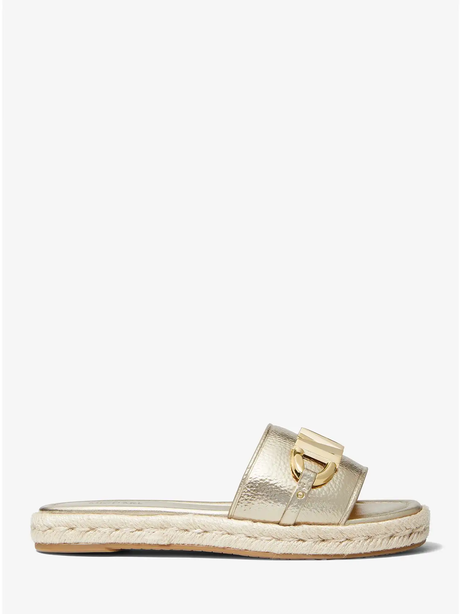 izzy logo embellished metallic faux leather slide sandal pale gold