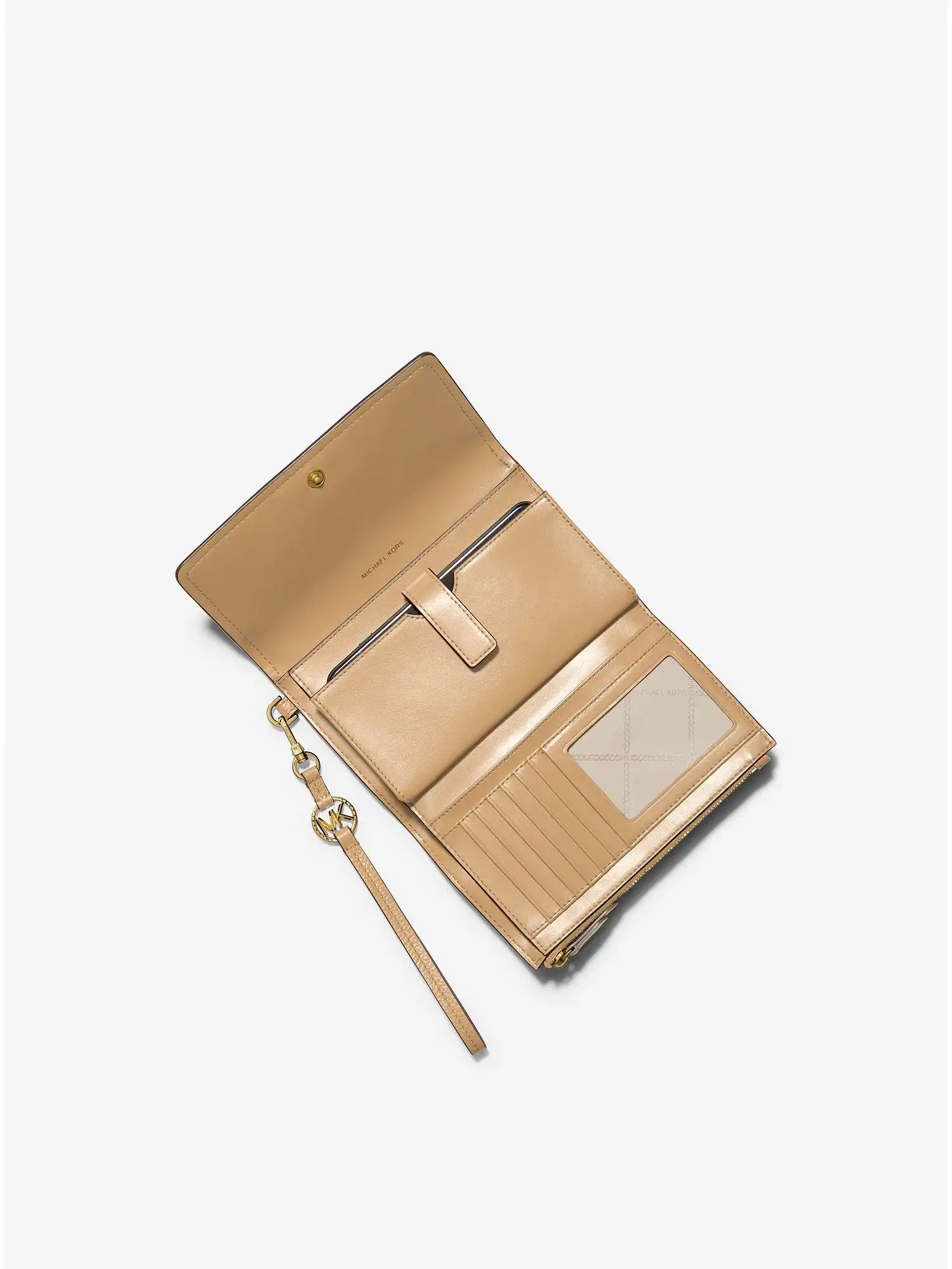 jet set charm logo and leather smartphone wallet camel