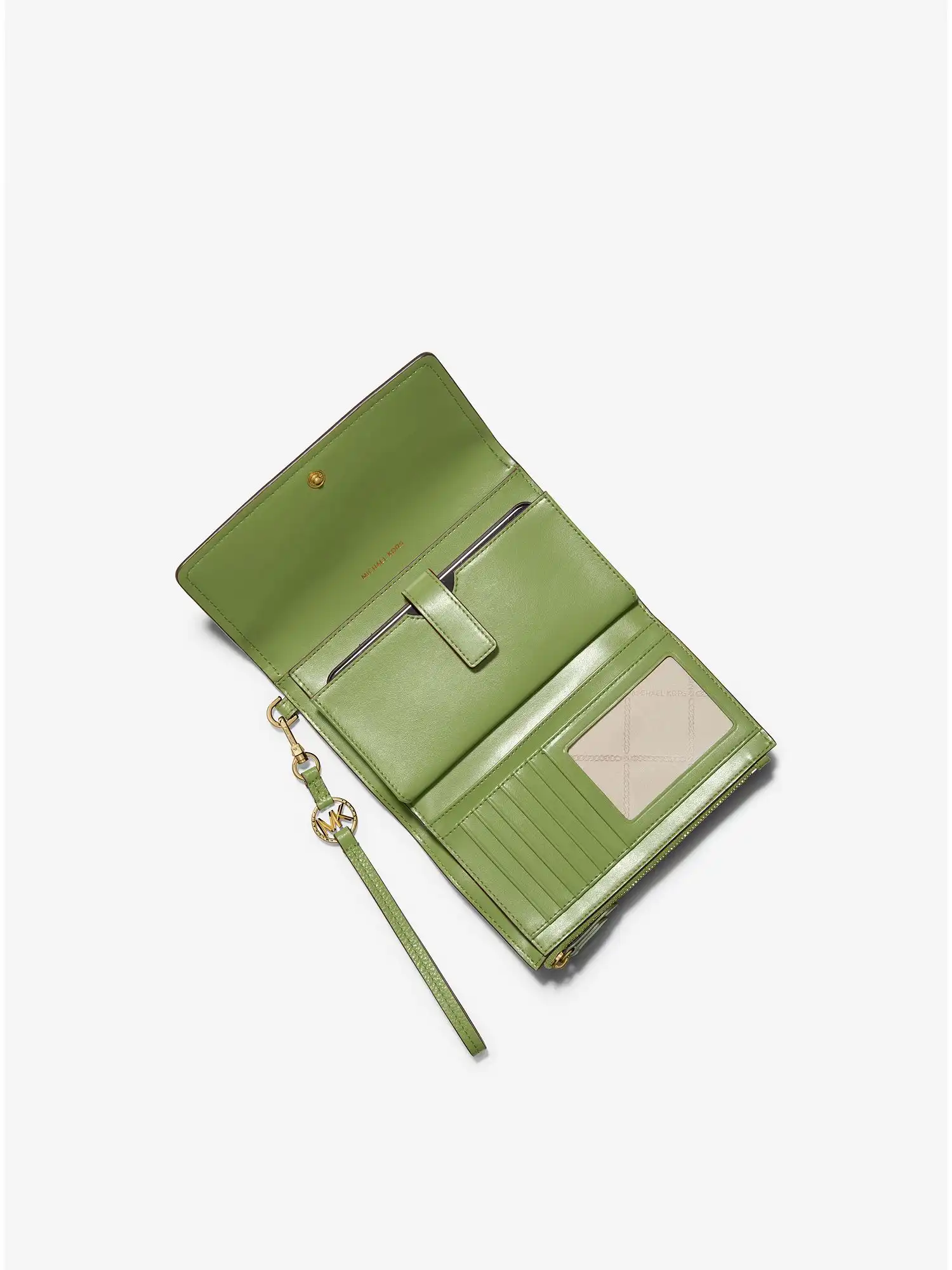 jet set charm logo and leather smartphone wallet light sage