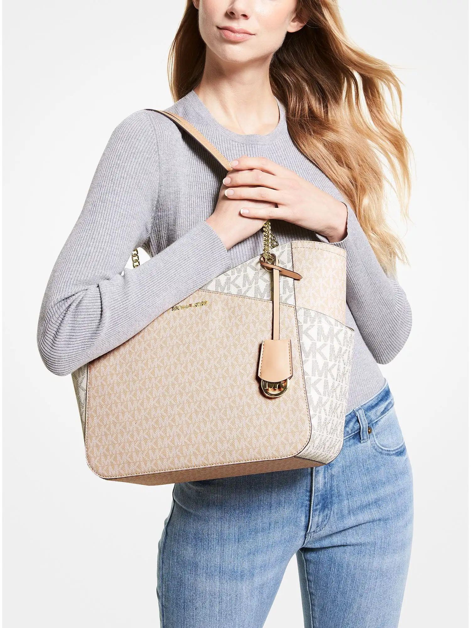 jet set large color block logo tote bag buff multi