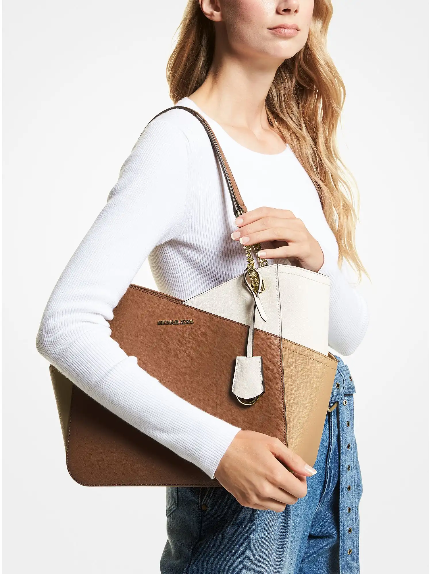 jet set large color block saffiano leather tote bag luggage multi