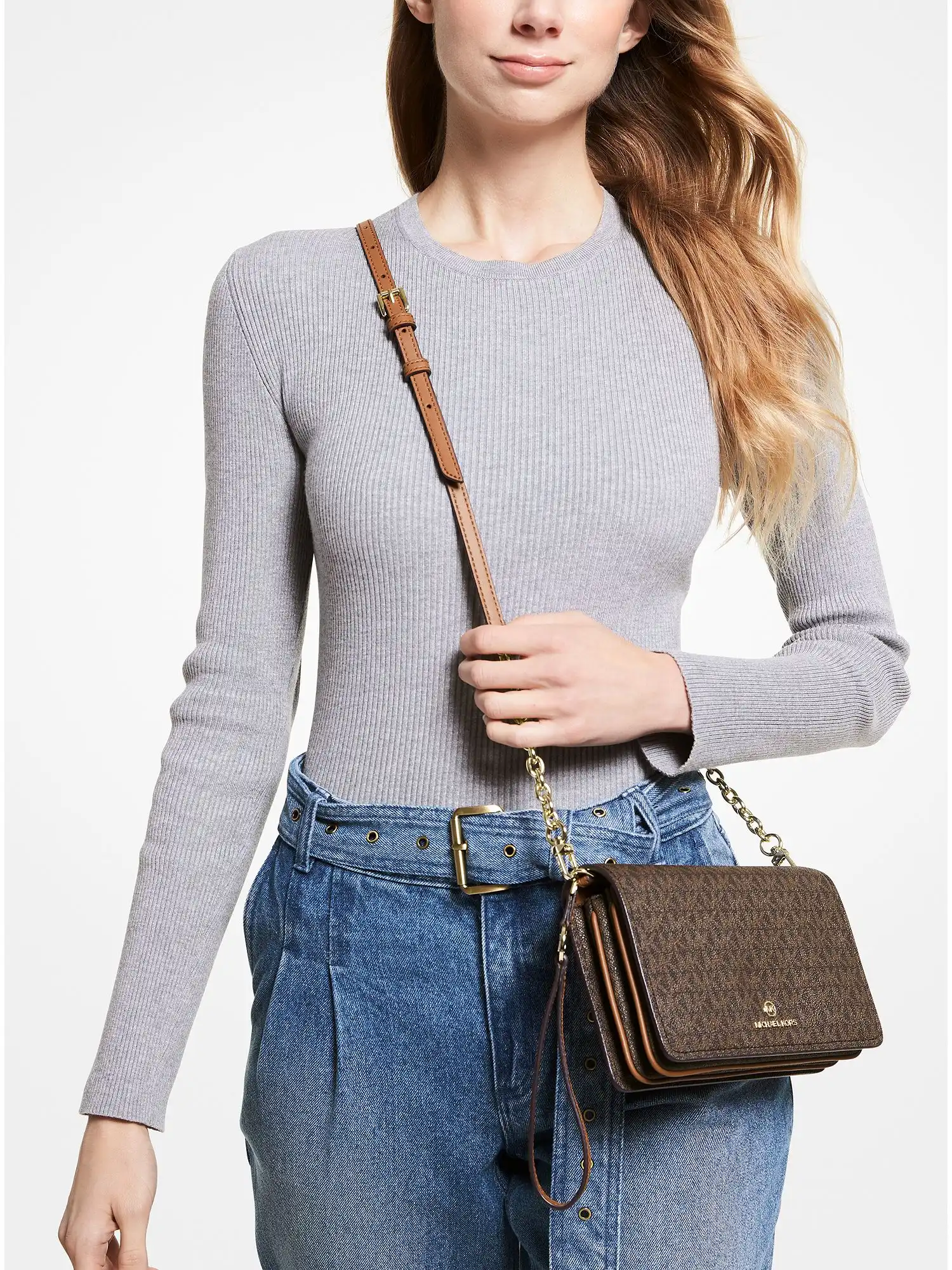 jet set large logo crossbody bag brn acorn