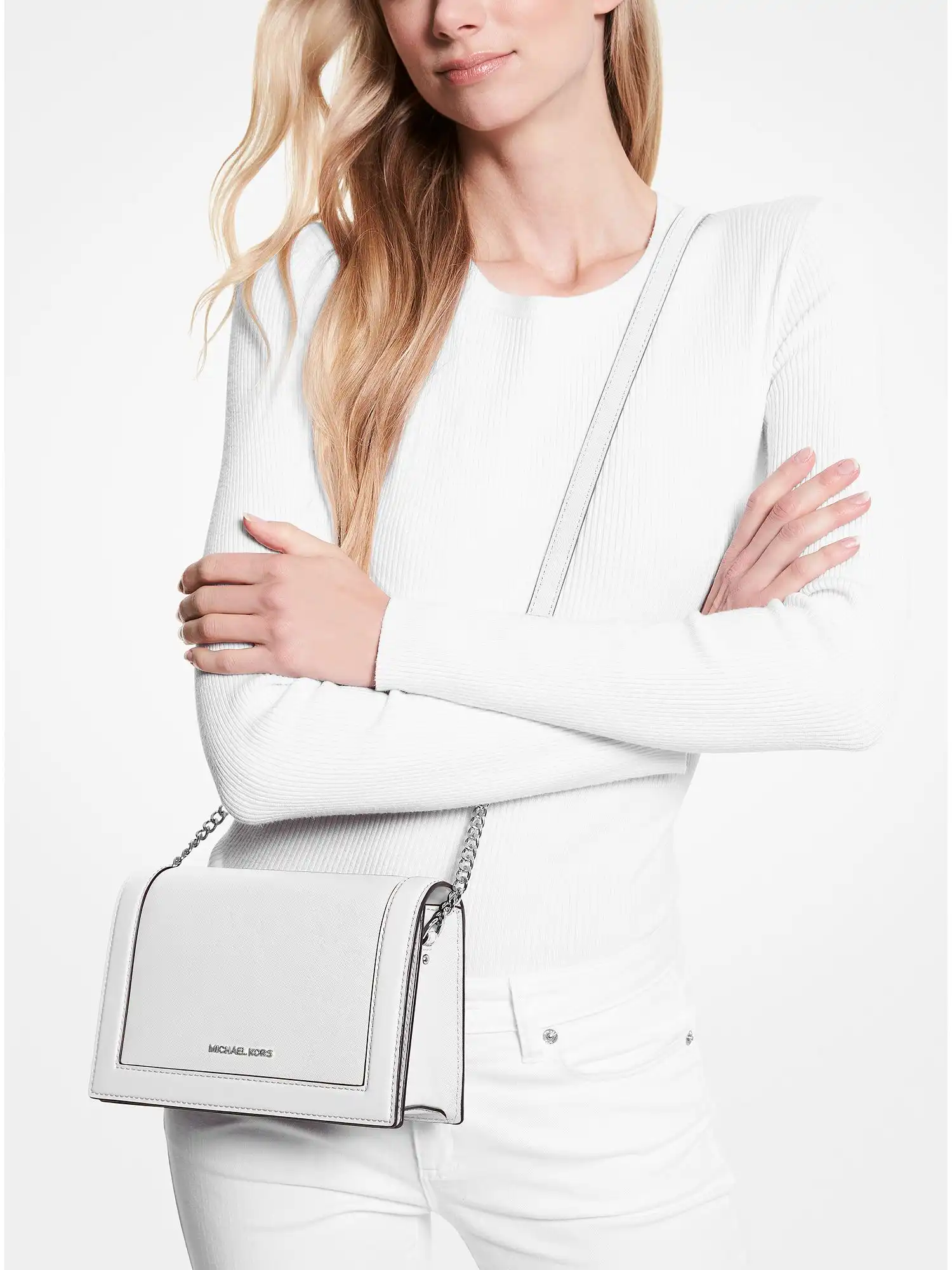 jet set large saffiano leather crossbody bag optic white