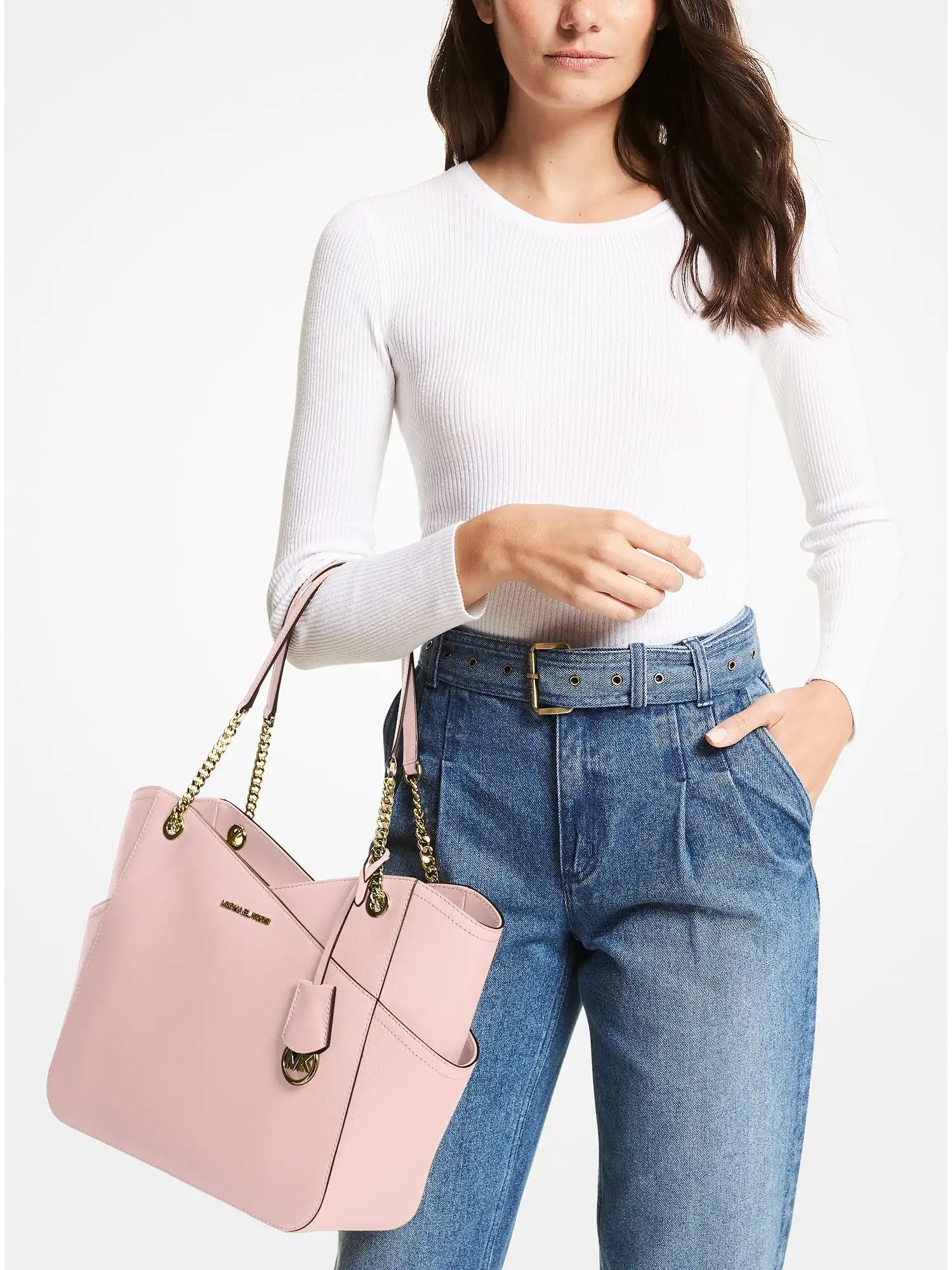 jet set large saffiano leather shoulder bag powder blush