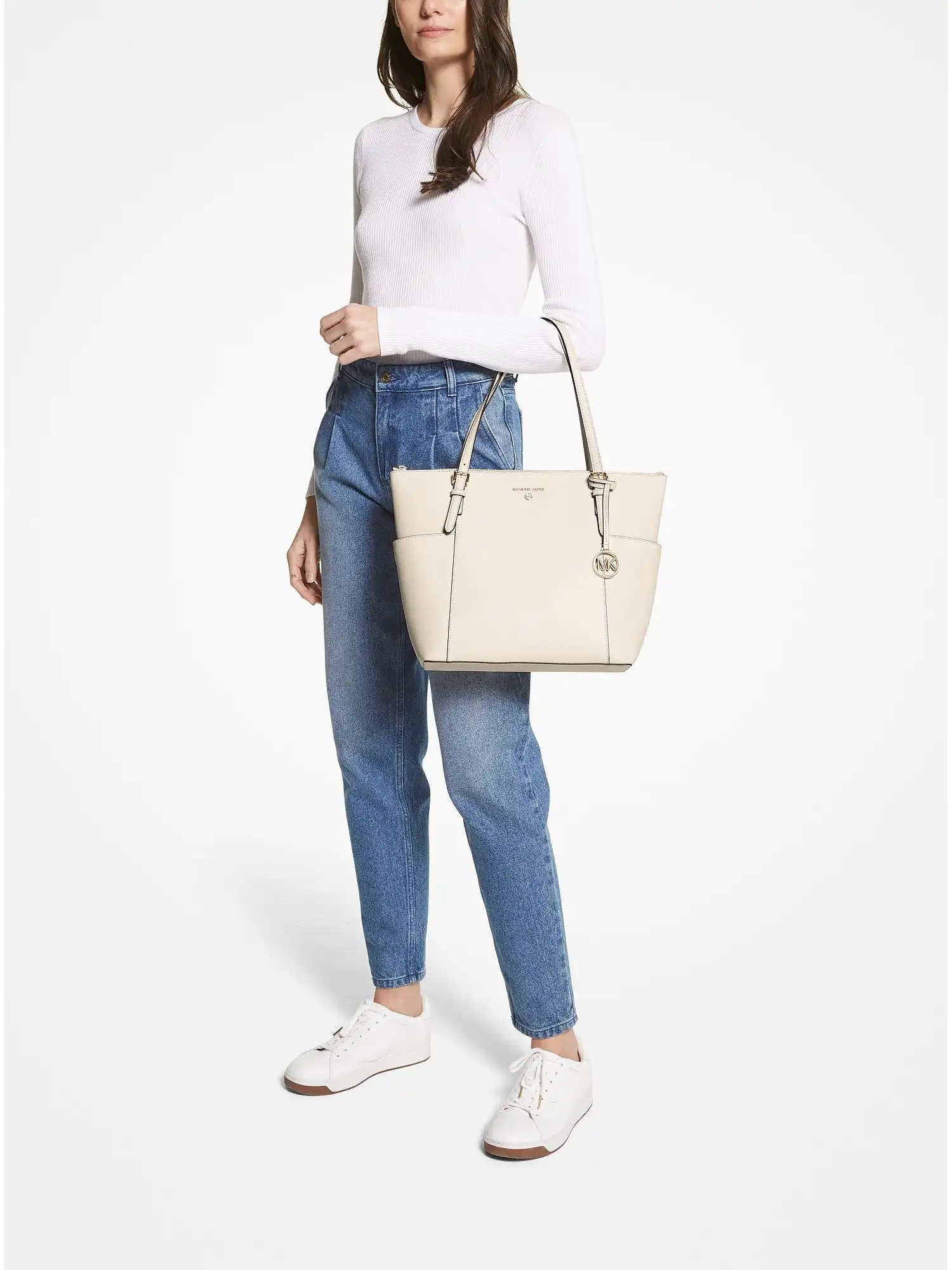 jet set large saffiano leather top zip tote bag lt cream