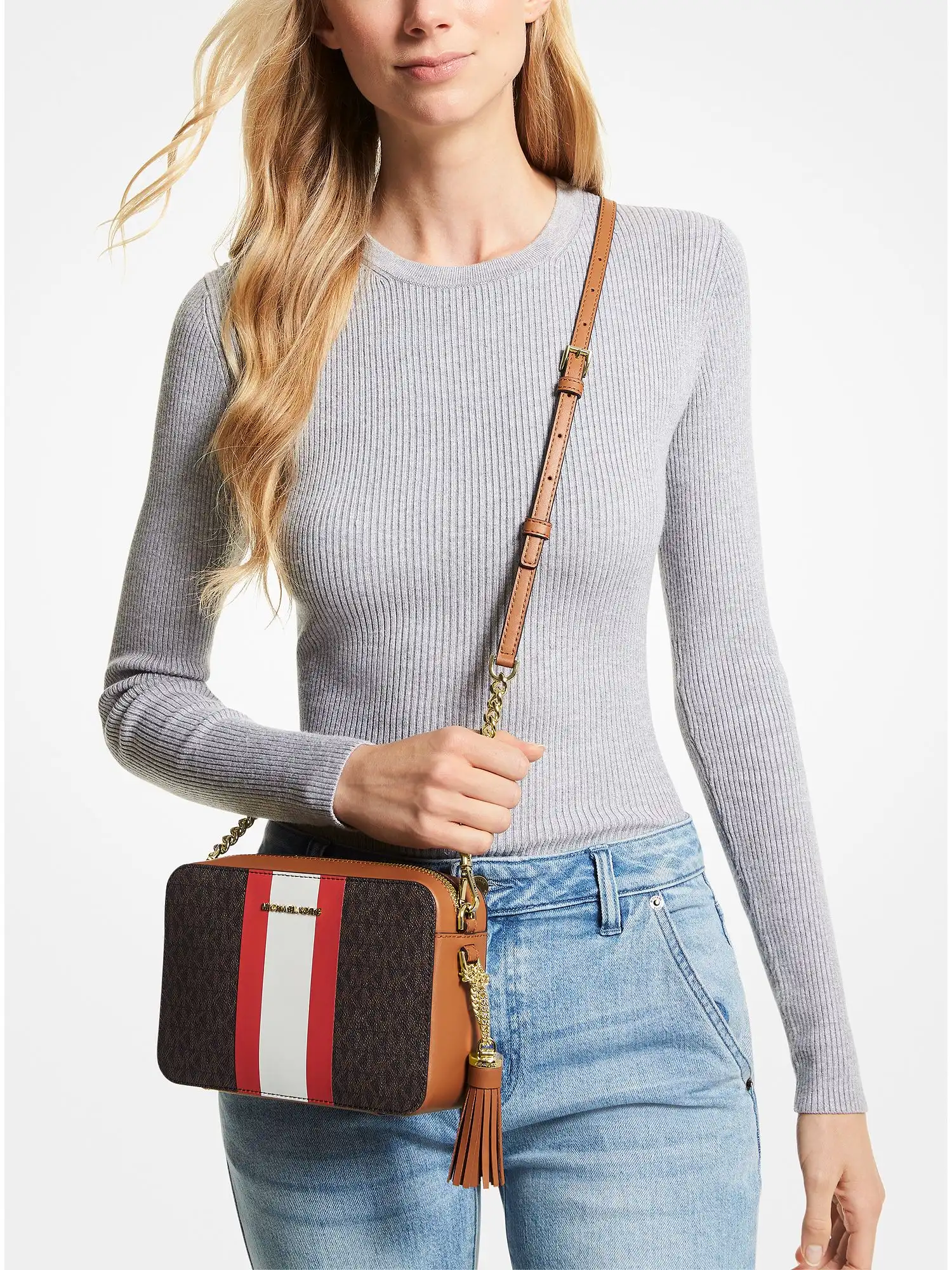 jet set medium logo stripe camera bag bright red