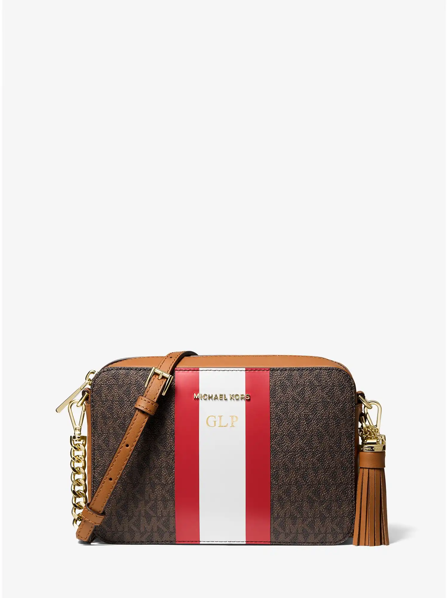 jet set medium logo stripe camera bag bright red