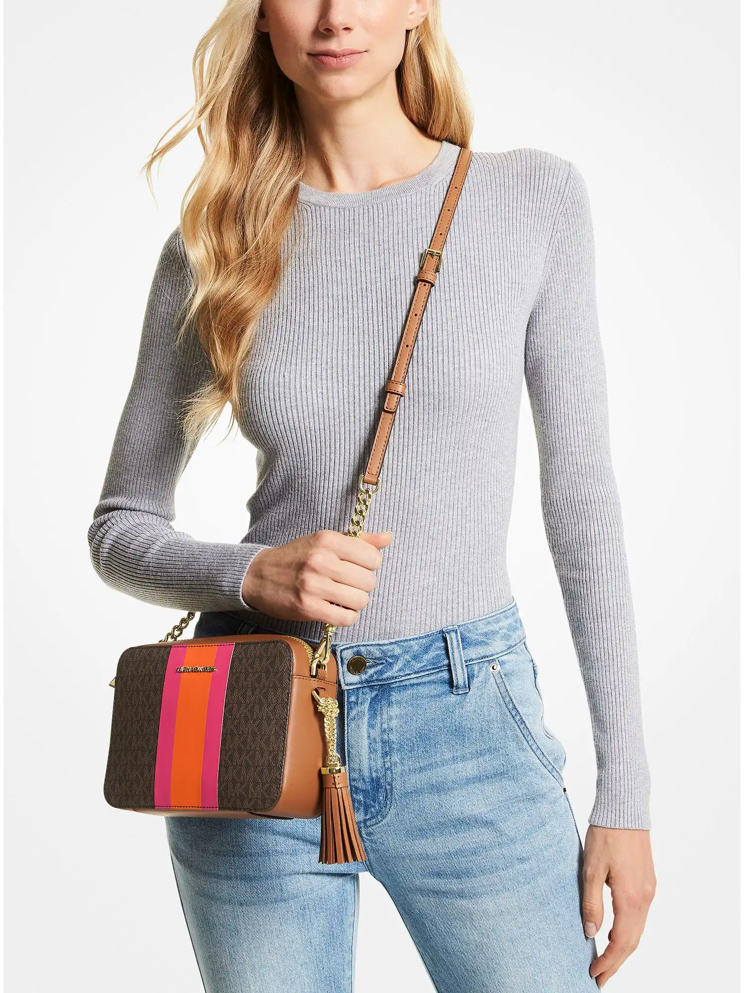 jet set medium logo stripe camera bag electric pink