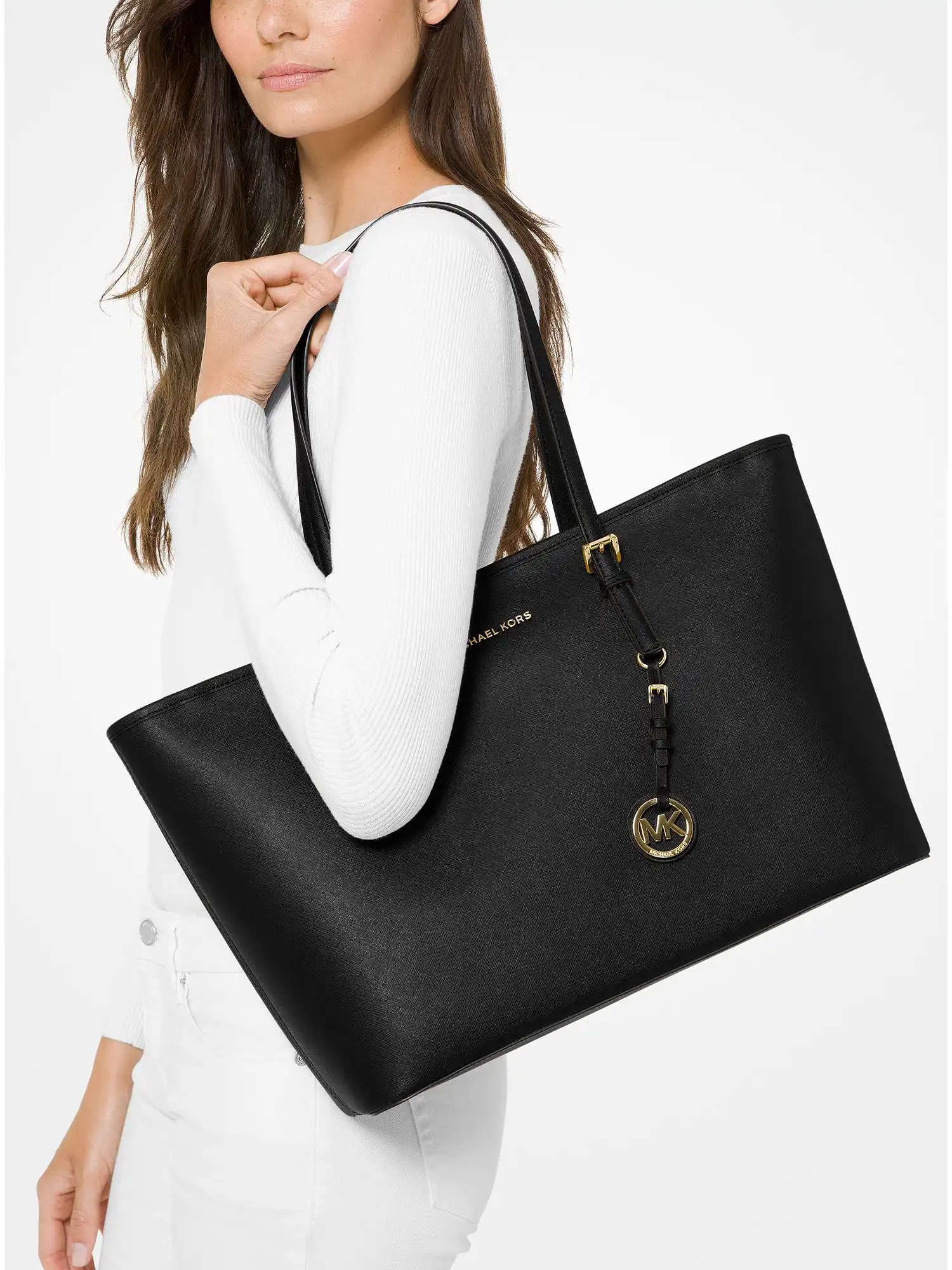 jet set medium saffiano leather top zip tote bag black