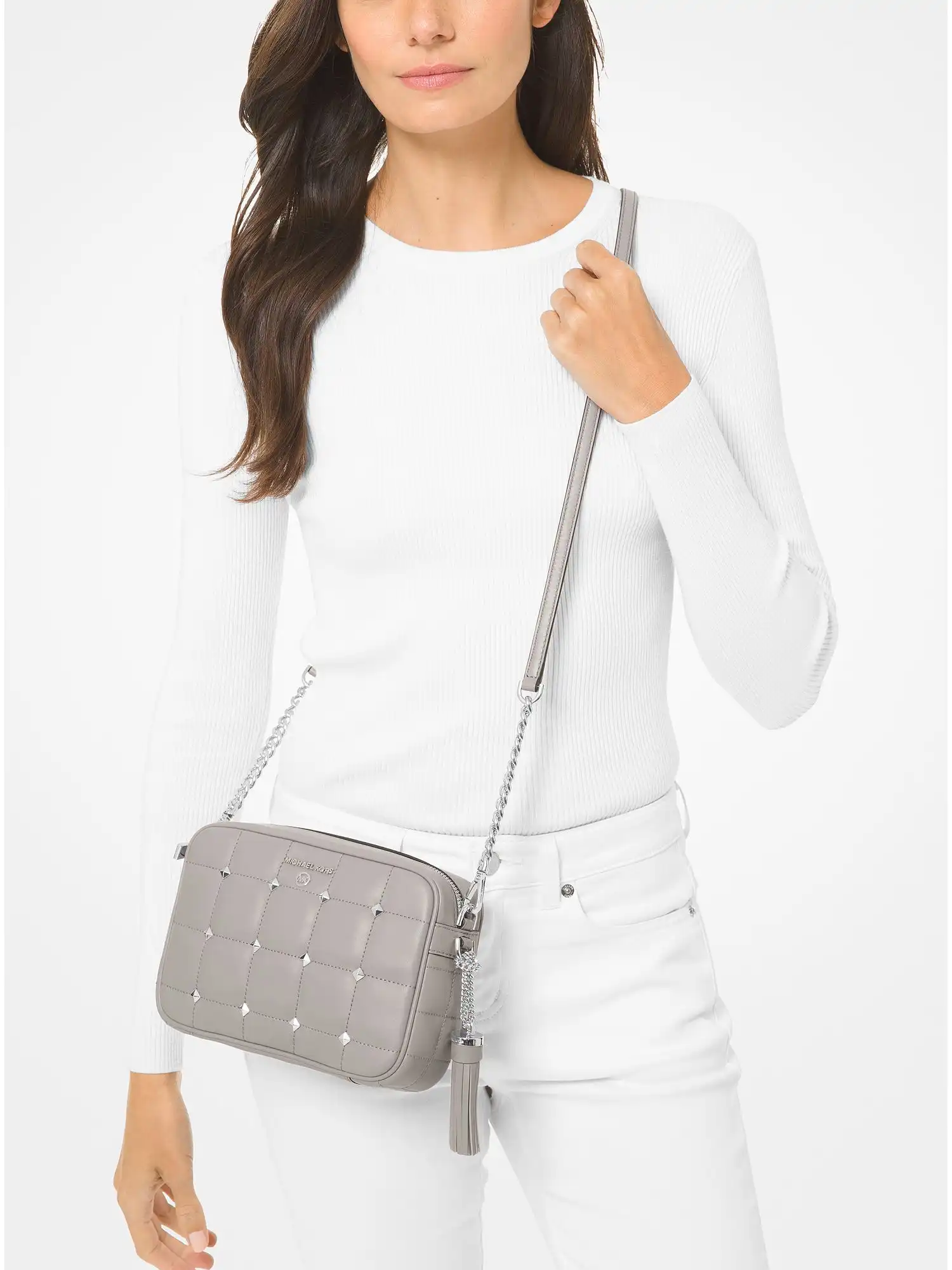 jet set medium studded quilted leather camera bag pearl grey