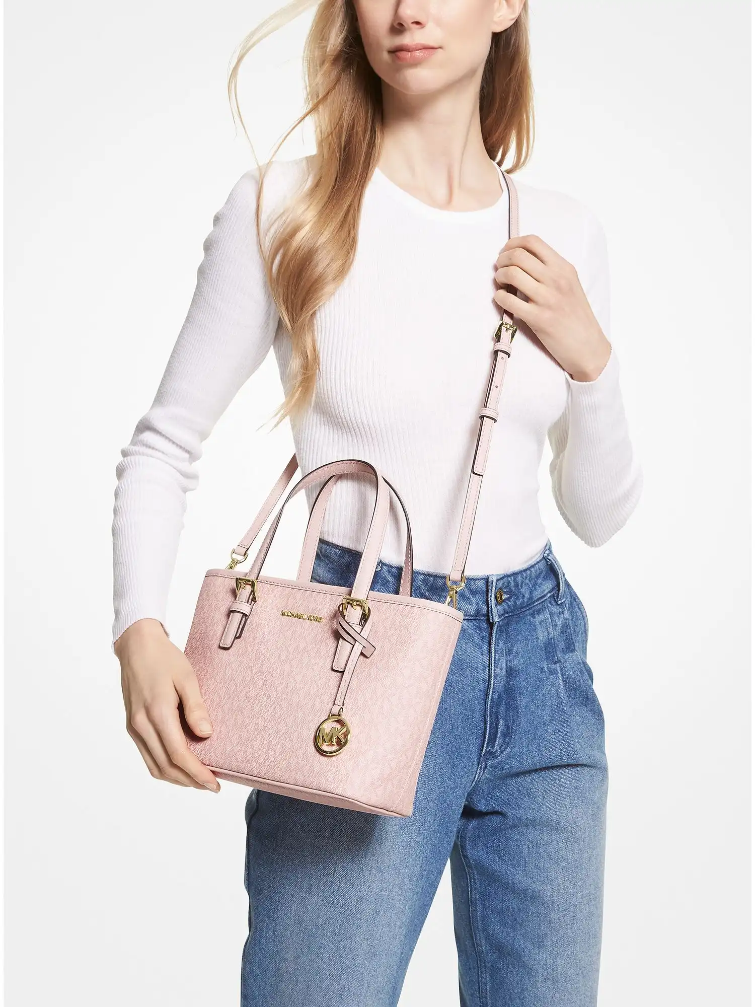 jet set travel extra small logo top zip tote bag dark powder blush