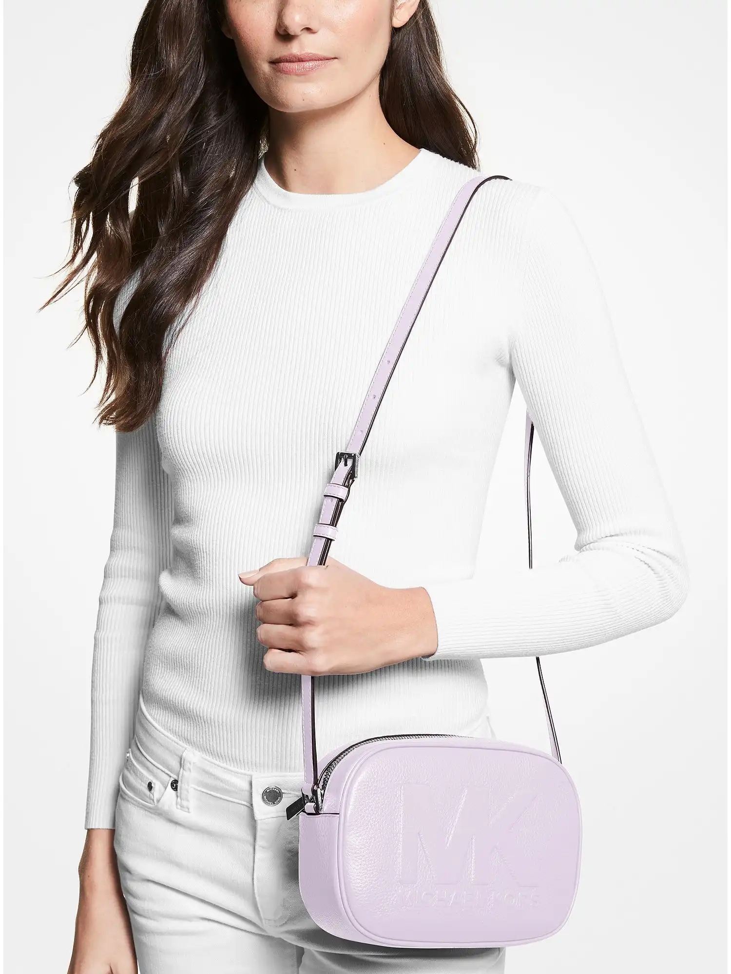 jet set travel medium logo embossed pebbled leather crossbody bag lvndr mist