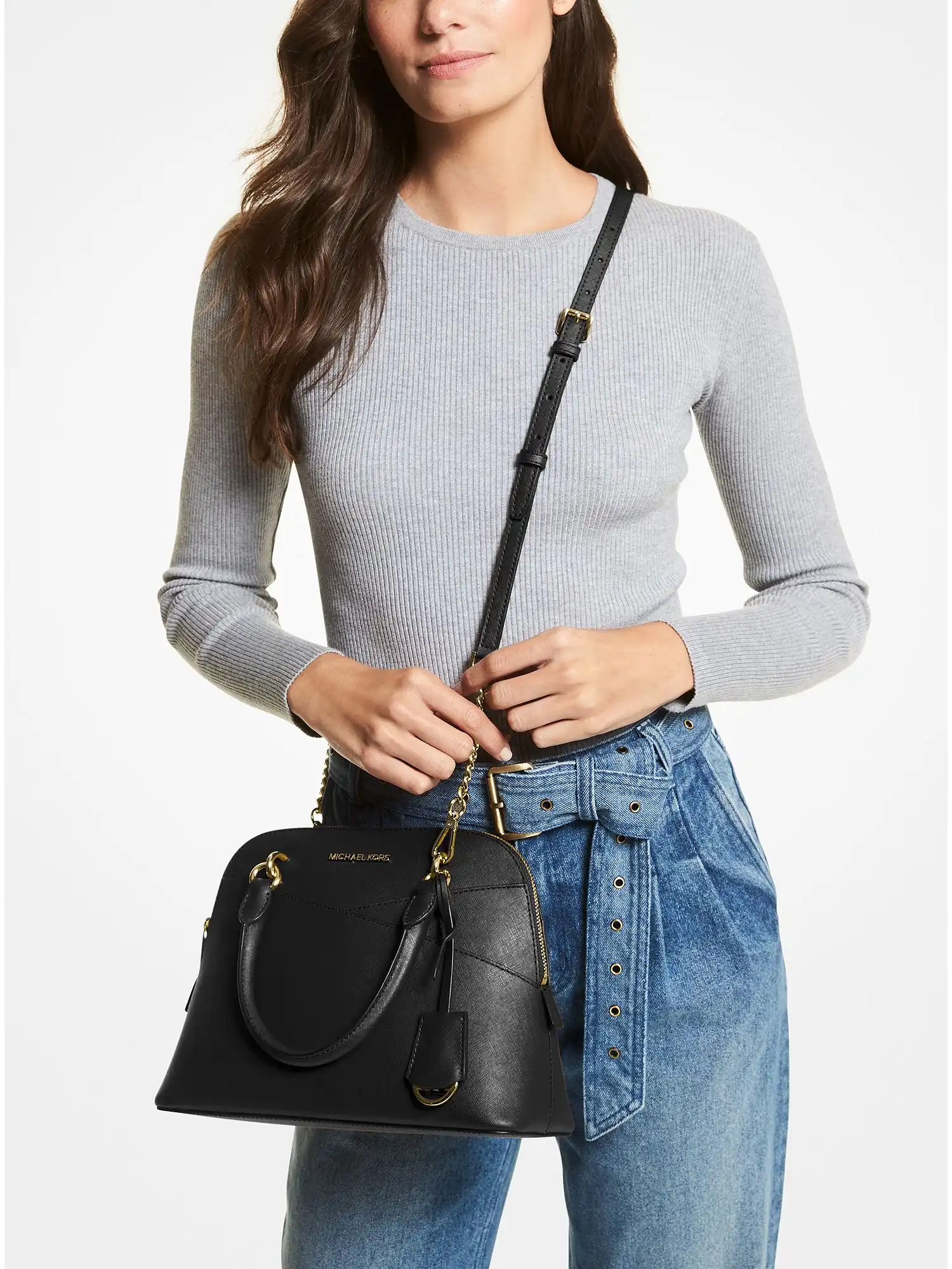 jet set travel medium saffiano leather dome satchel black