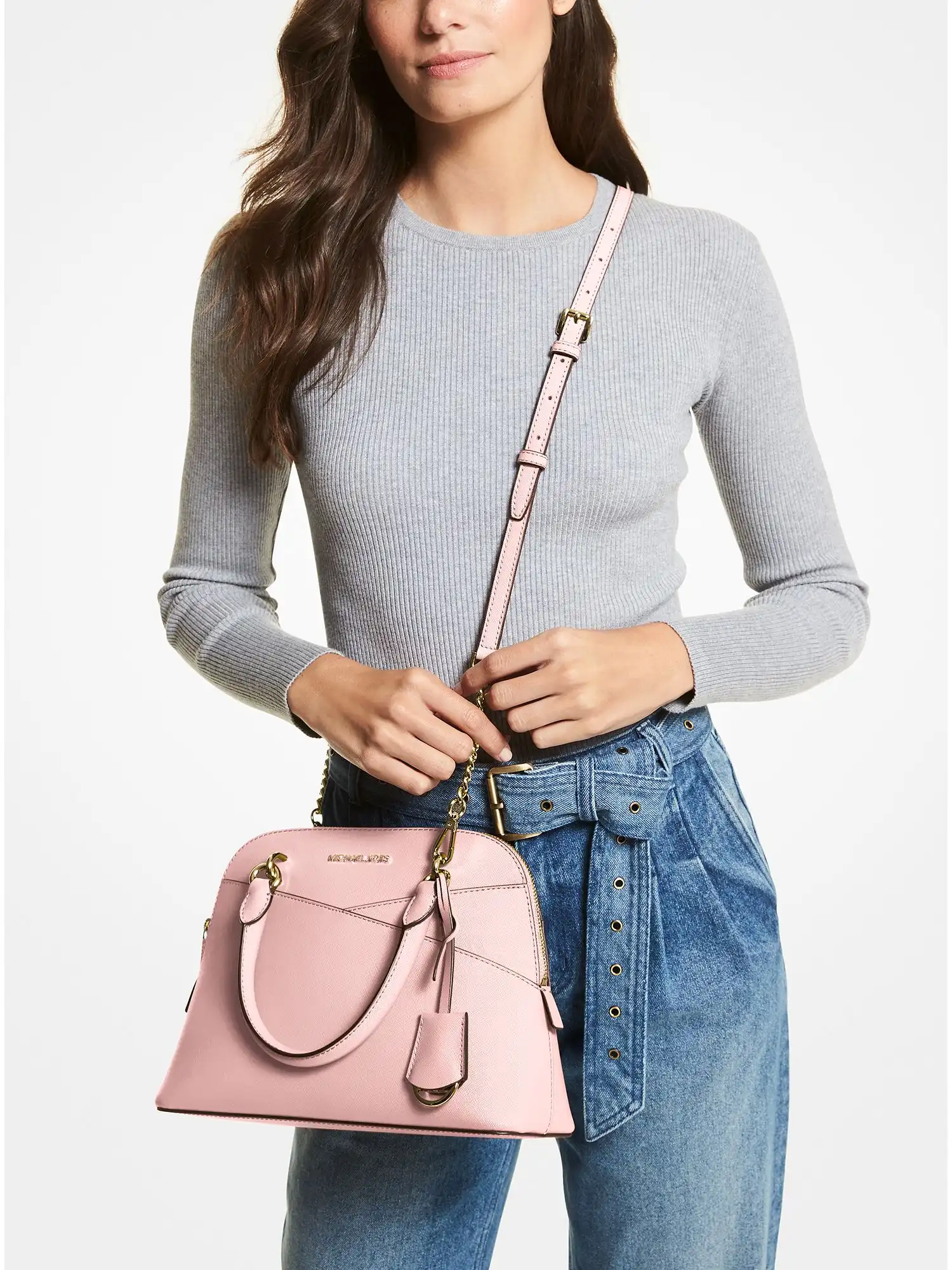 jet set travel medium saffiano leather dome satchel powder blush