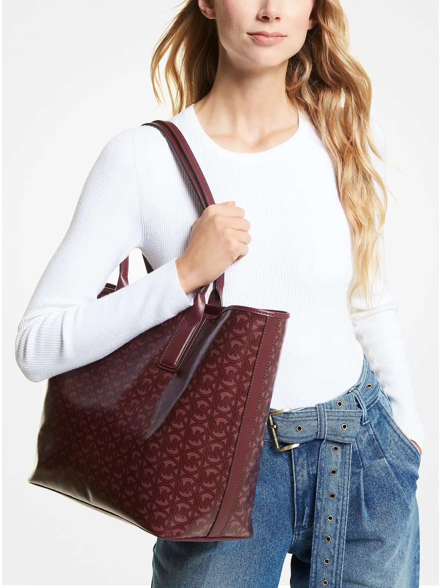 jodie large logo jacquard tote bag merlot