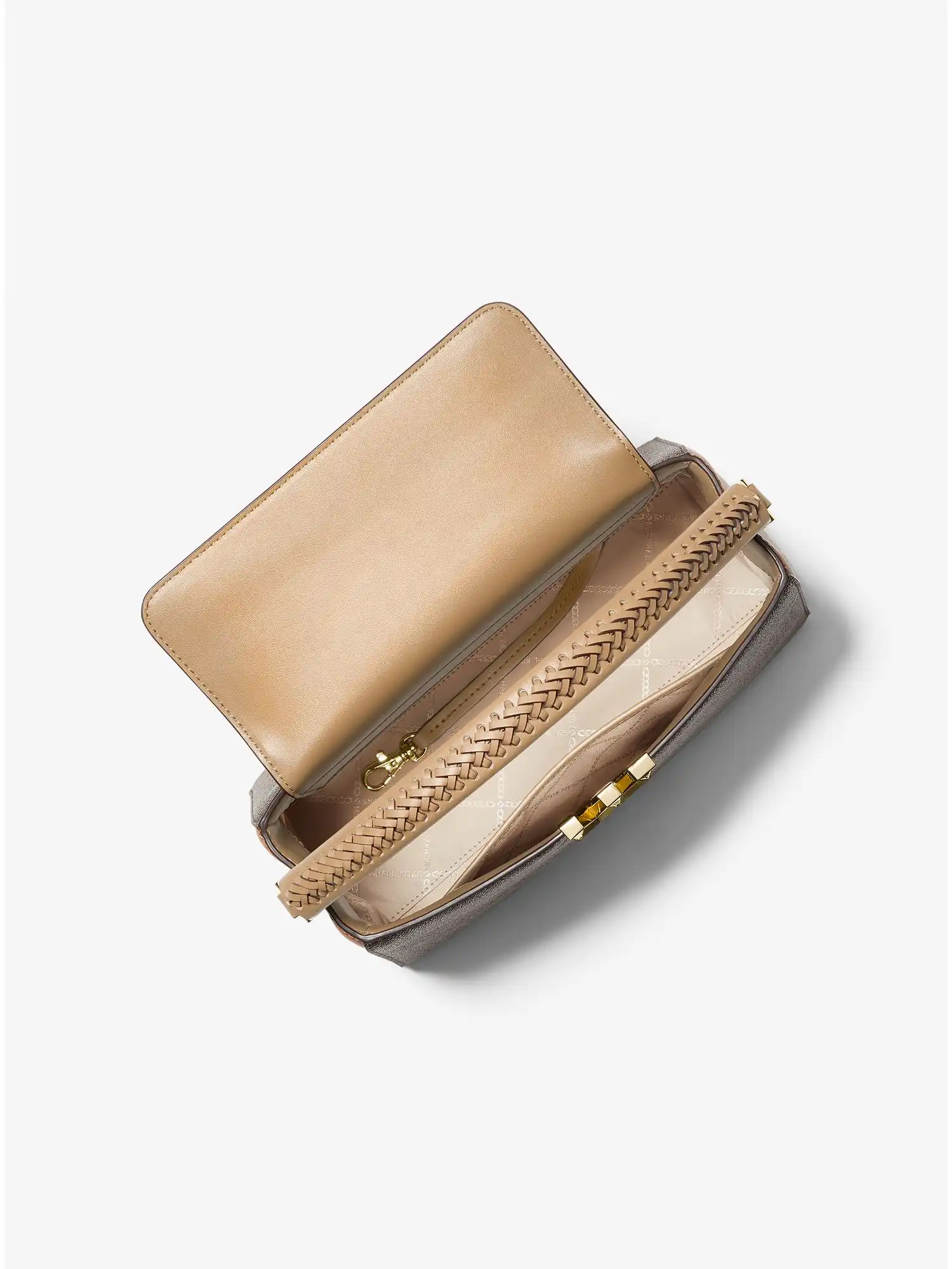 karlie medium logo and embossed leather satchel camel