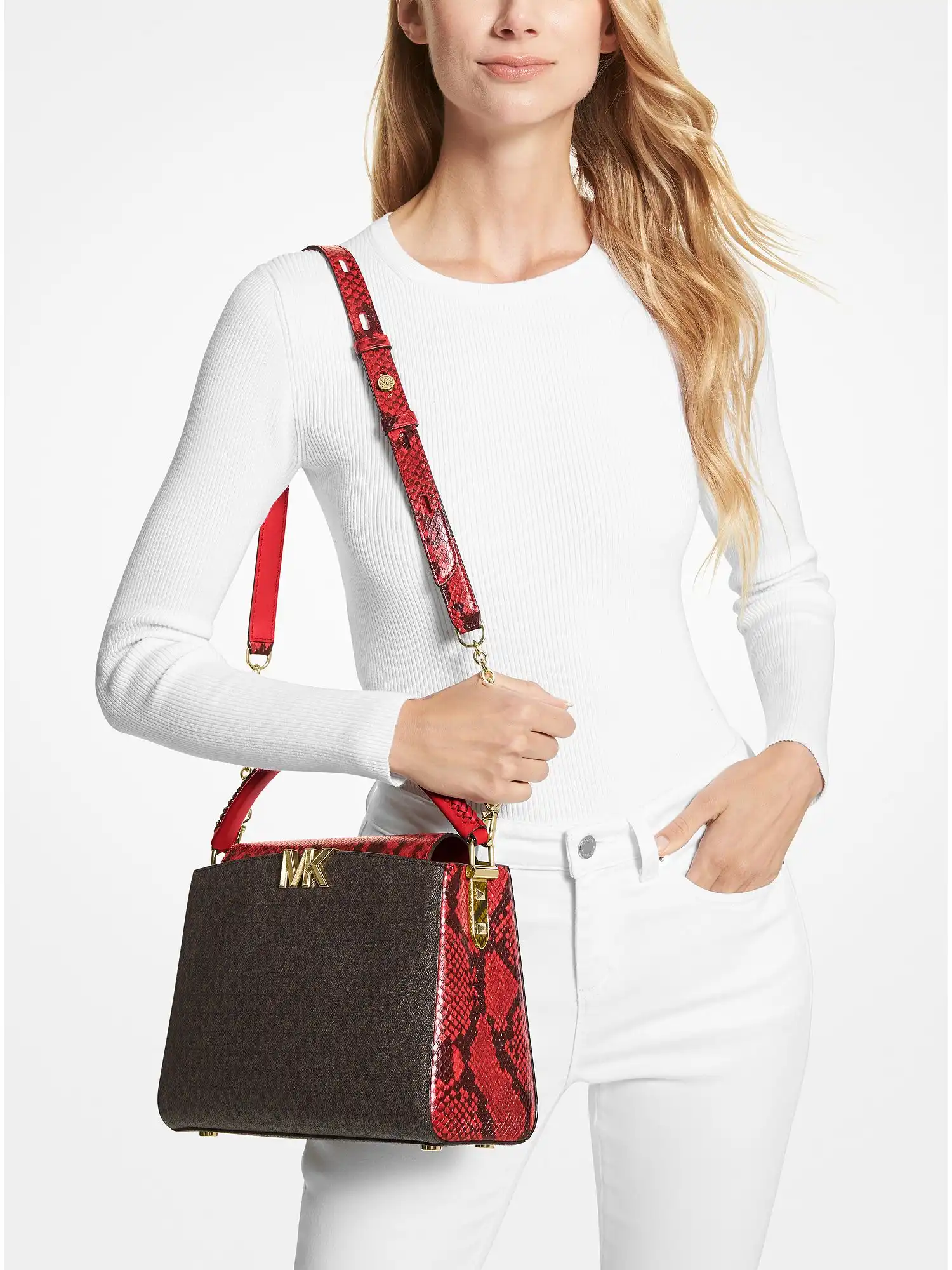 karlie medium logo and embossed leather satchel crimson