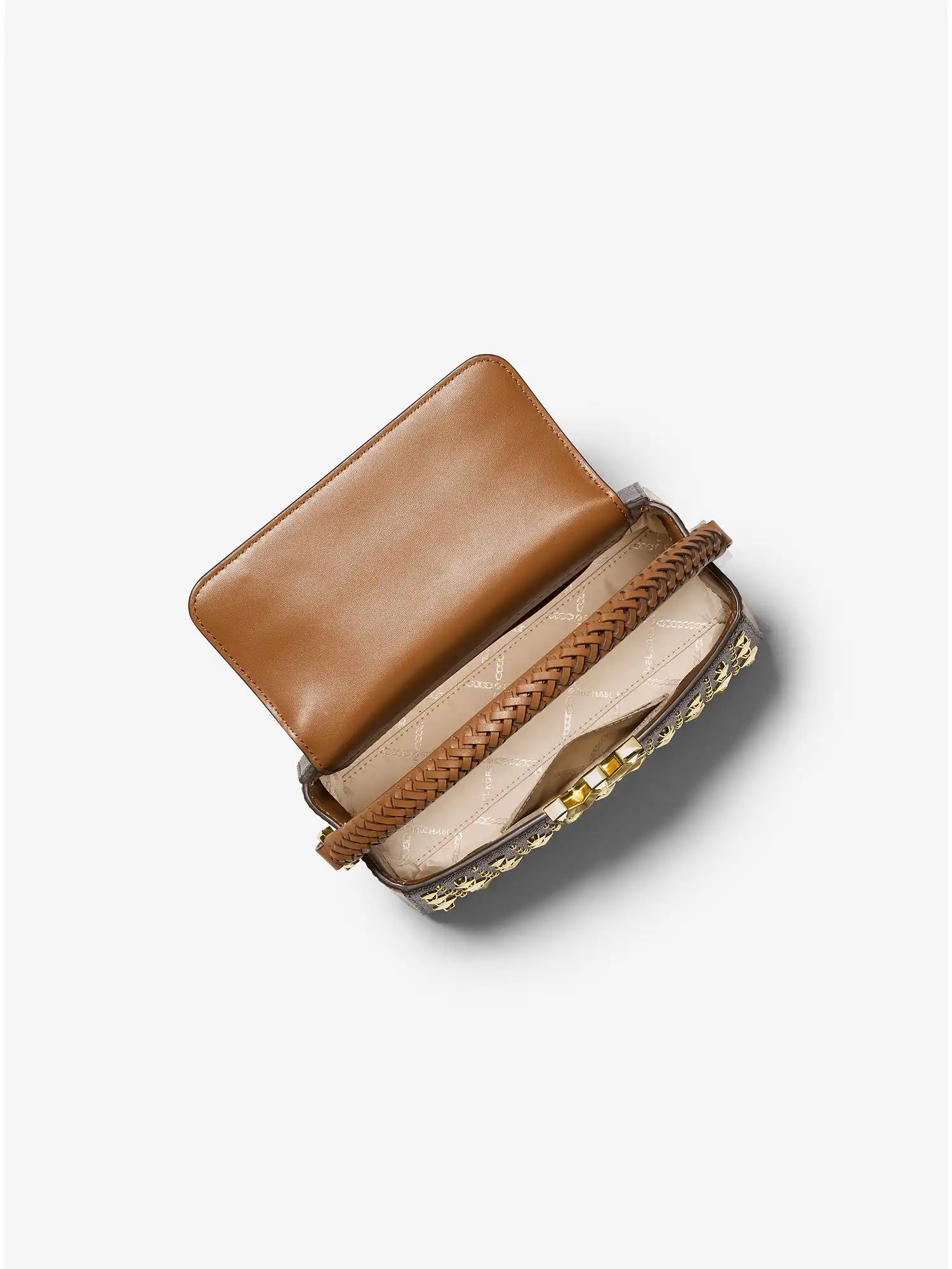 karlie small studded logo crossbody bag brn acorn