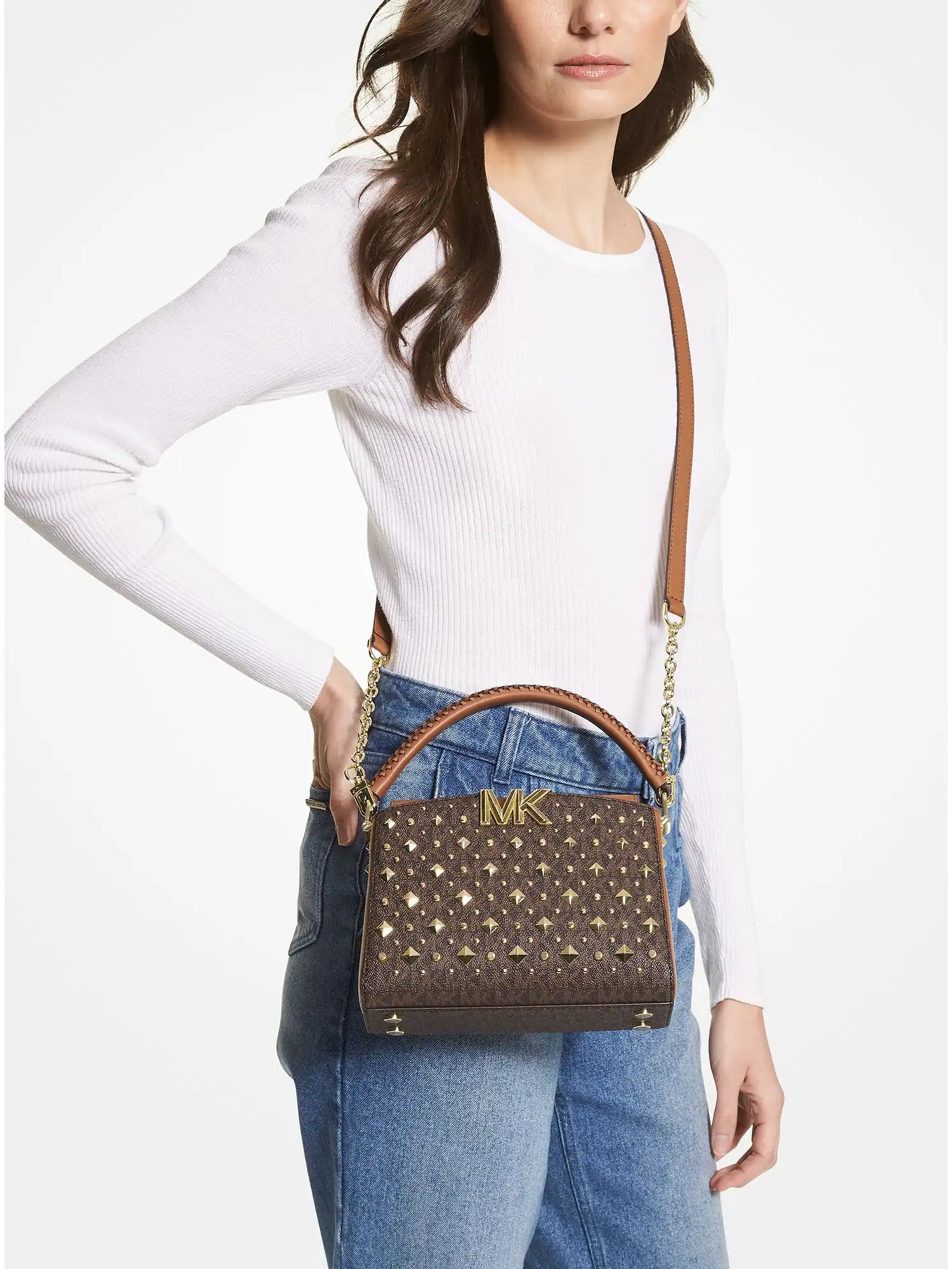 karlie small studded logo crossbody bag brn acorn