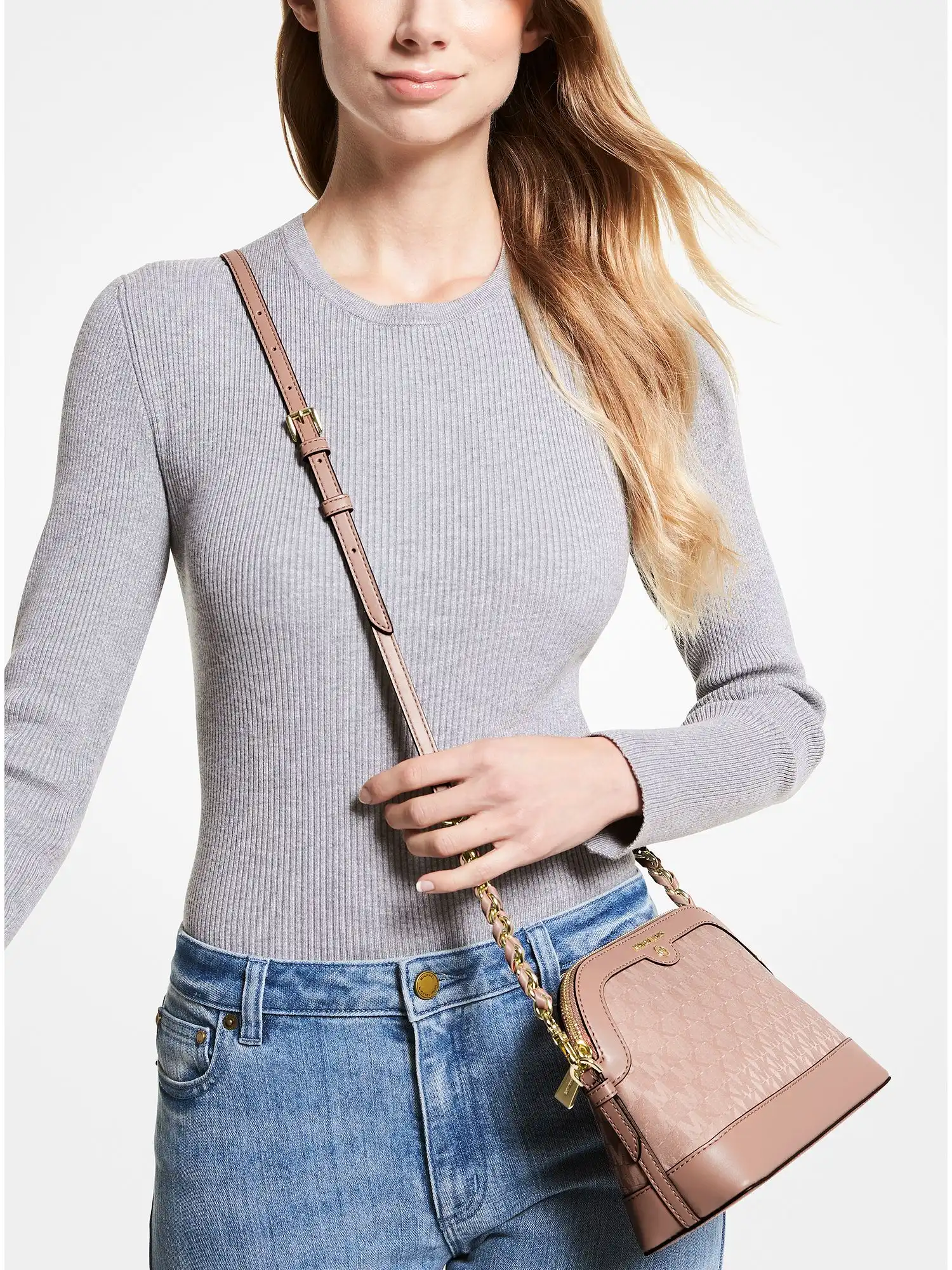 large logo jacquard and faux leather dome crossbody bag fawn