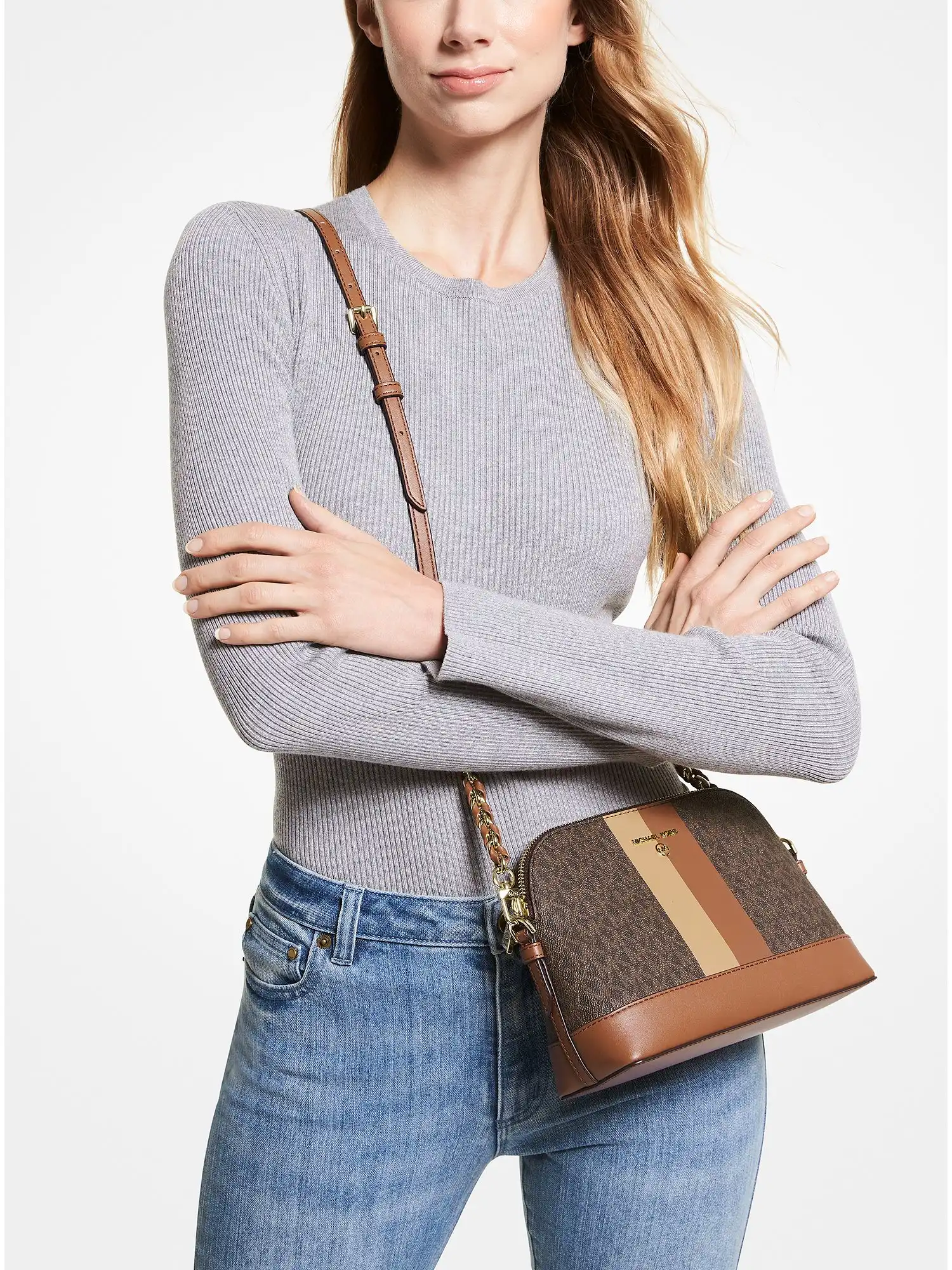 large logo stripe dome crossbody bag brown luggage