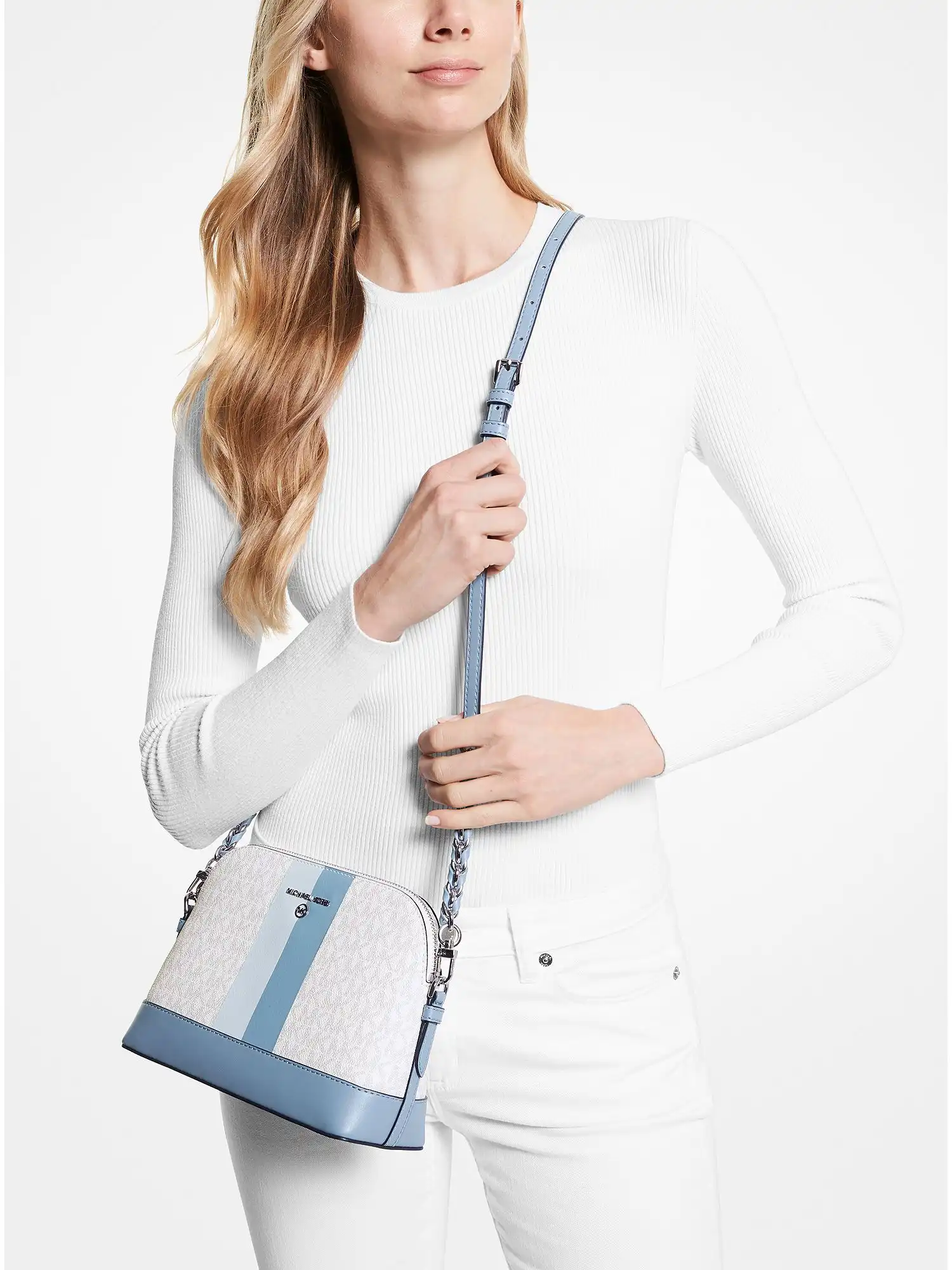 large logo stripe dome crossbody bag chambray multi