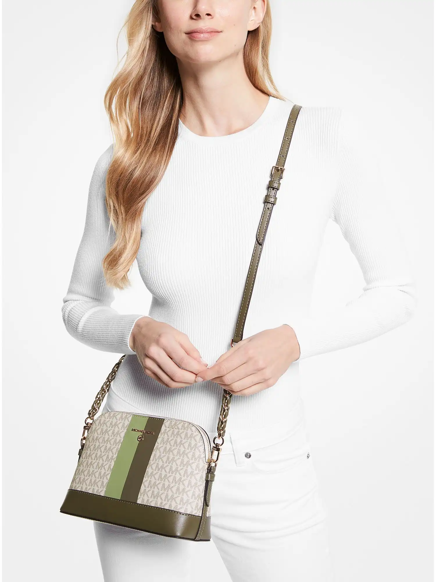 large logo stripe dome crossbody bag light sage olive