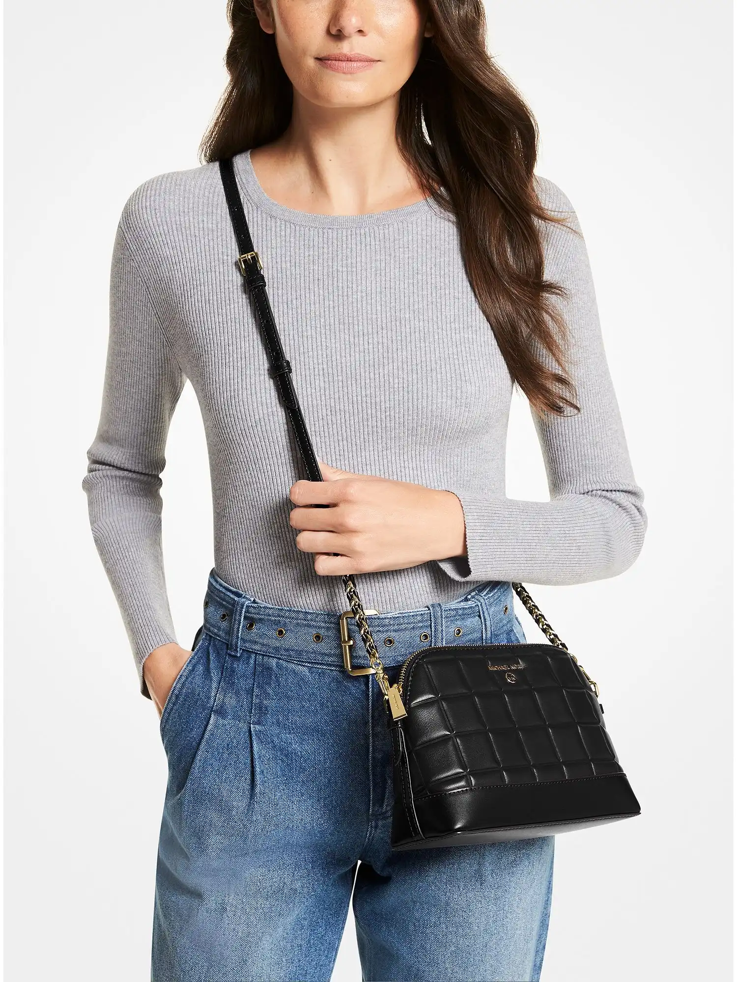 large quilted leather dome crossbody bag black