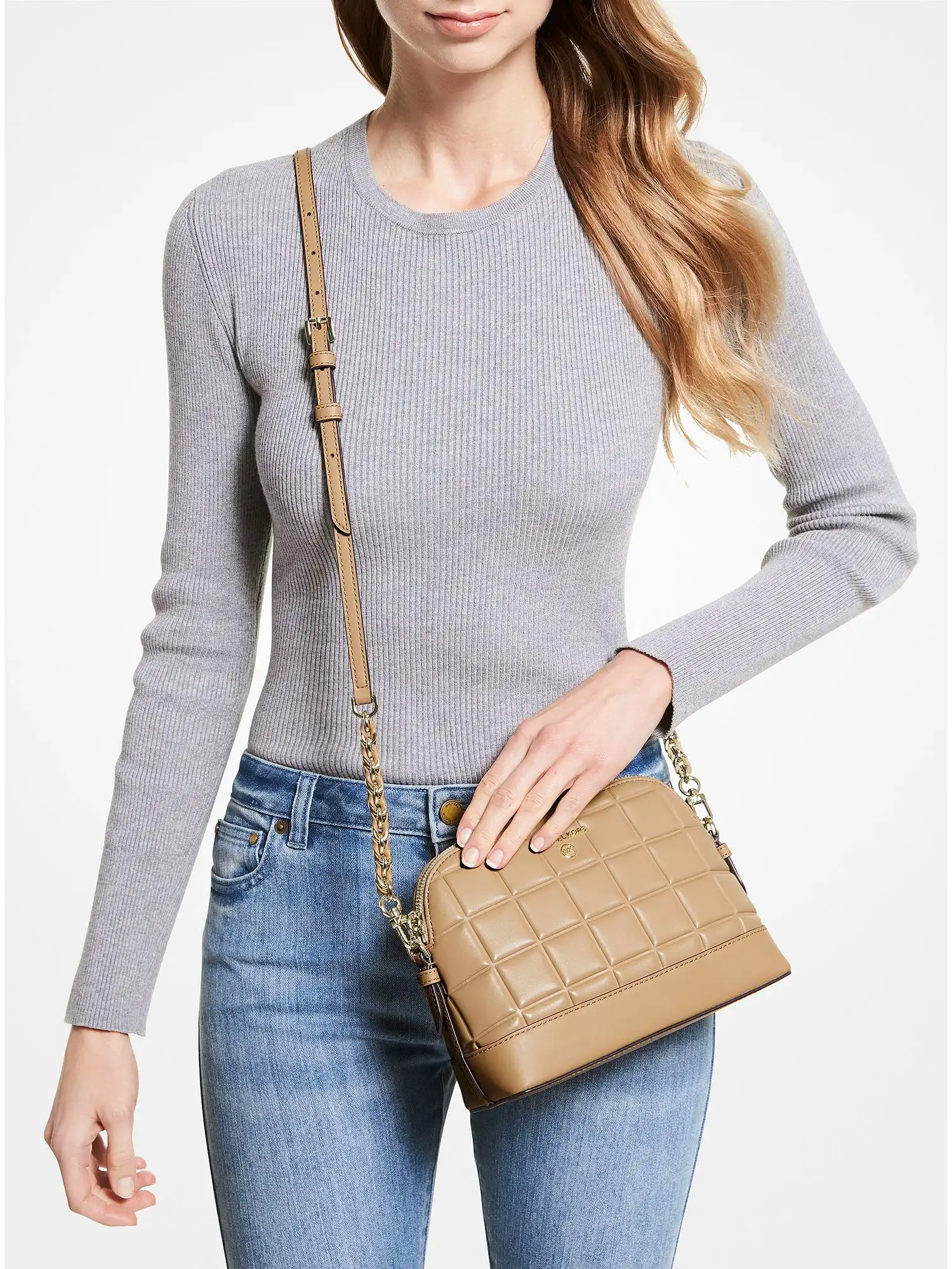 large quilted leather dome crossbody bag camel