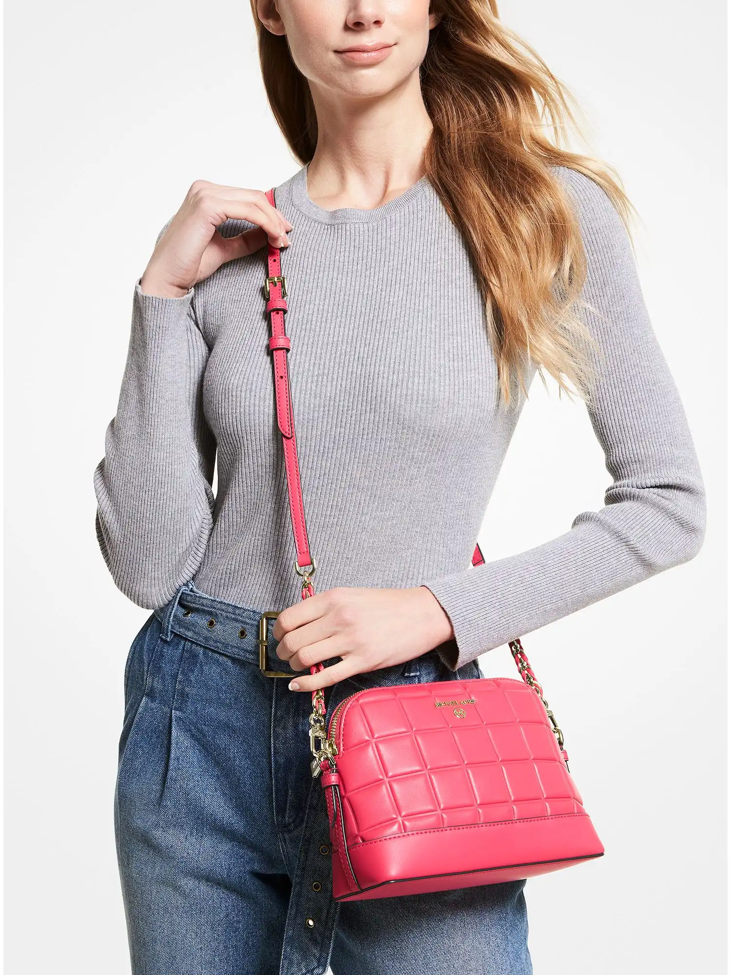 large quilted leather dome crossbody bag rubin red