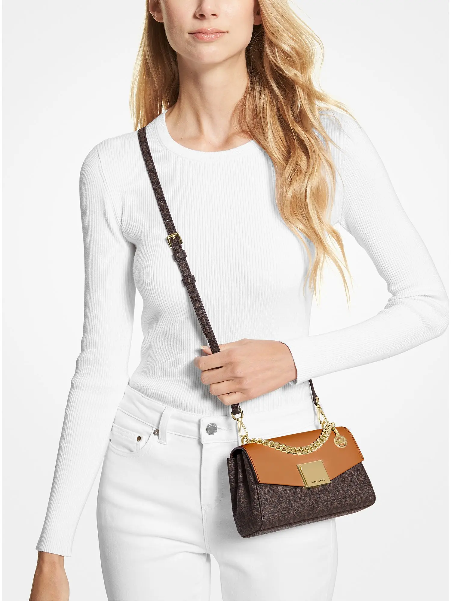 lita small two tone logo and leather crossbody bag brown