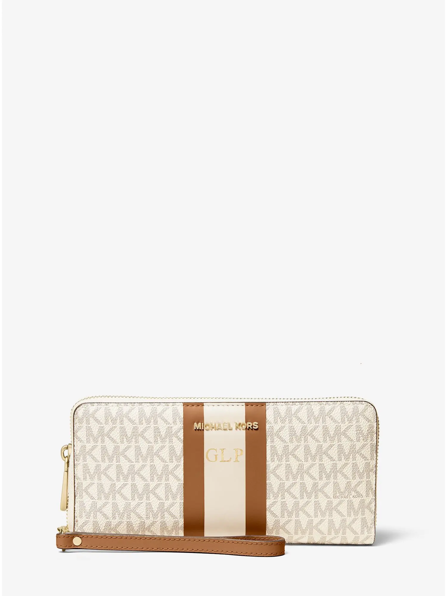 logo stripe continental wristlet vanilla acorn