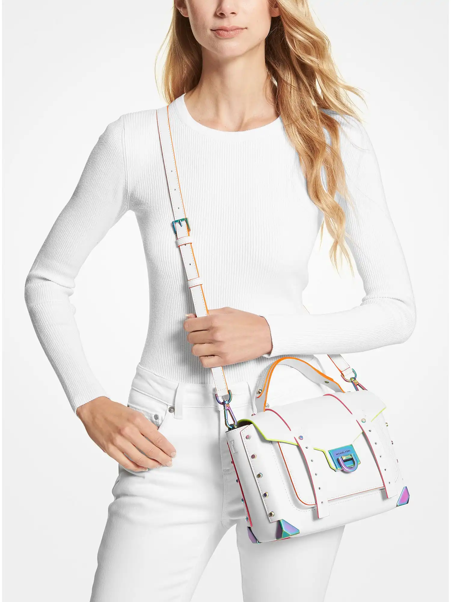 manhattan medium contrast trim leather satchel optic white