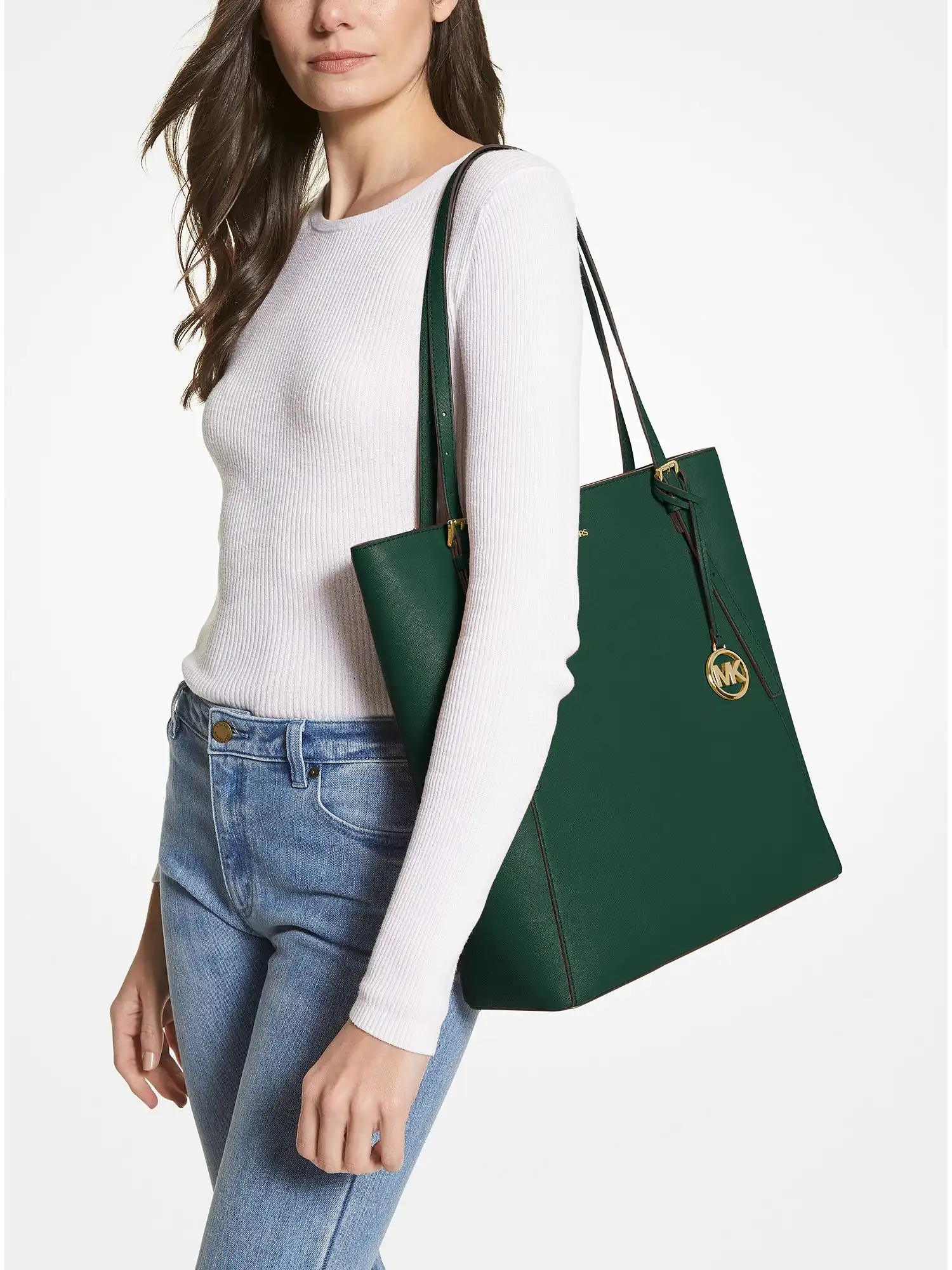 megan large saffiano leather tote racing green