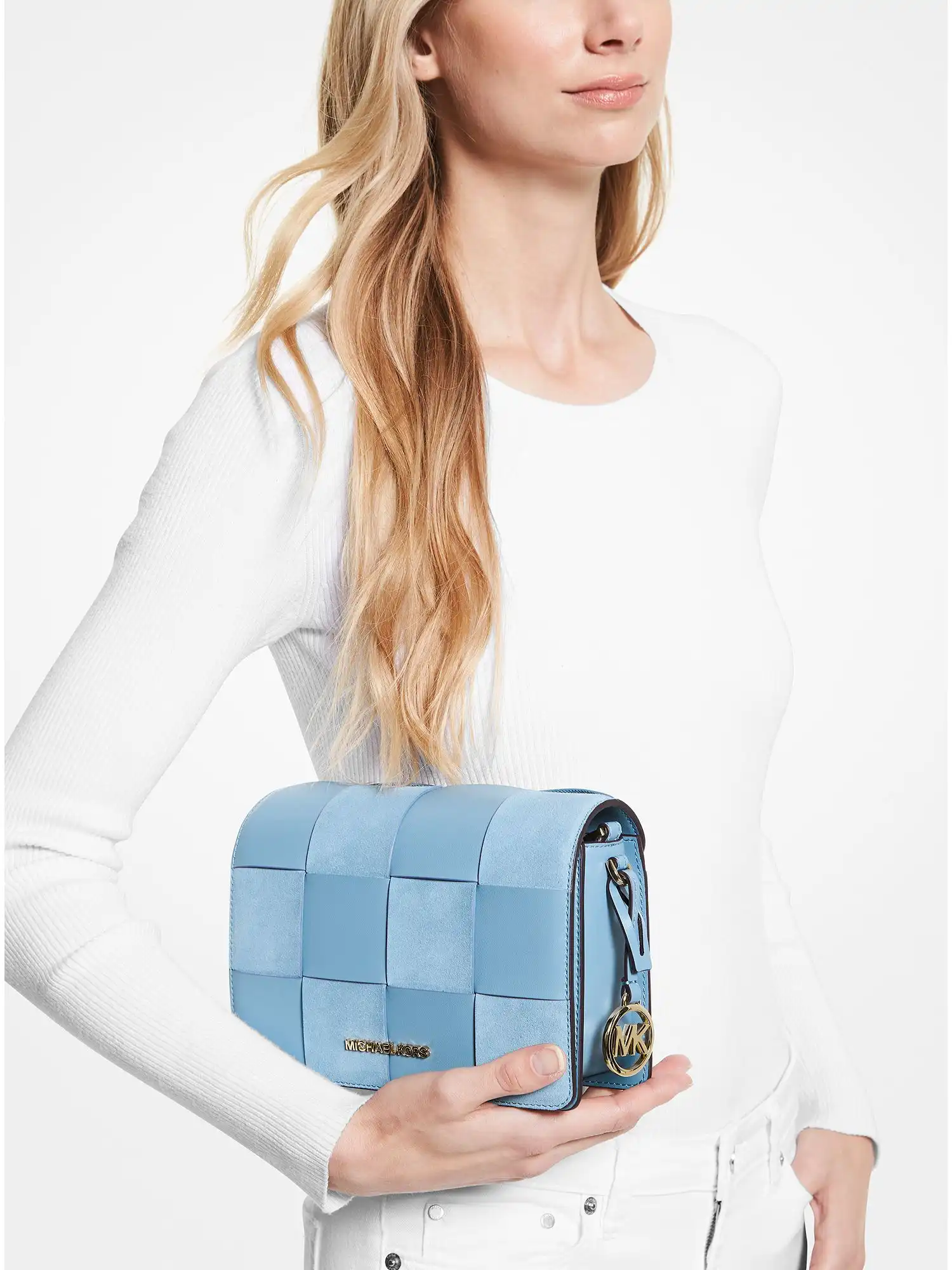 mercer small woven faux leather and suede crossbody bag chambray multi