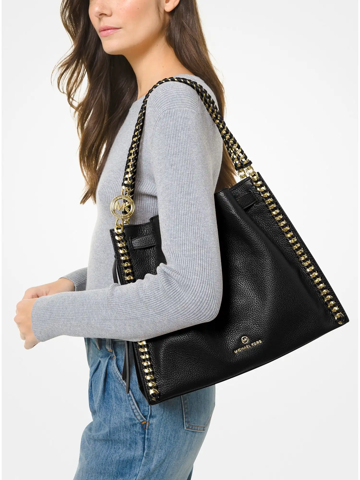 mina large pebbled leather shoulder bag black